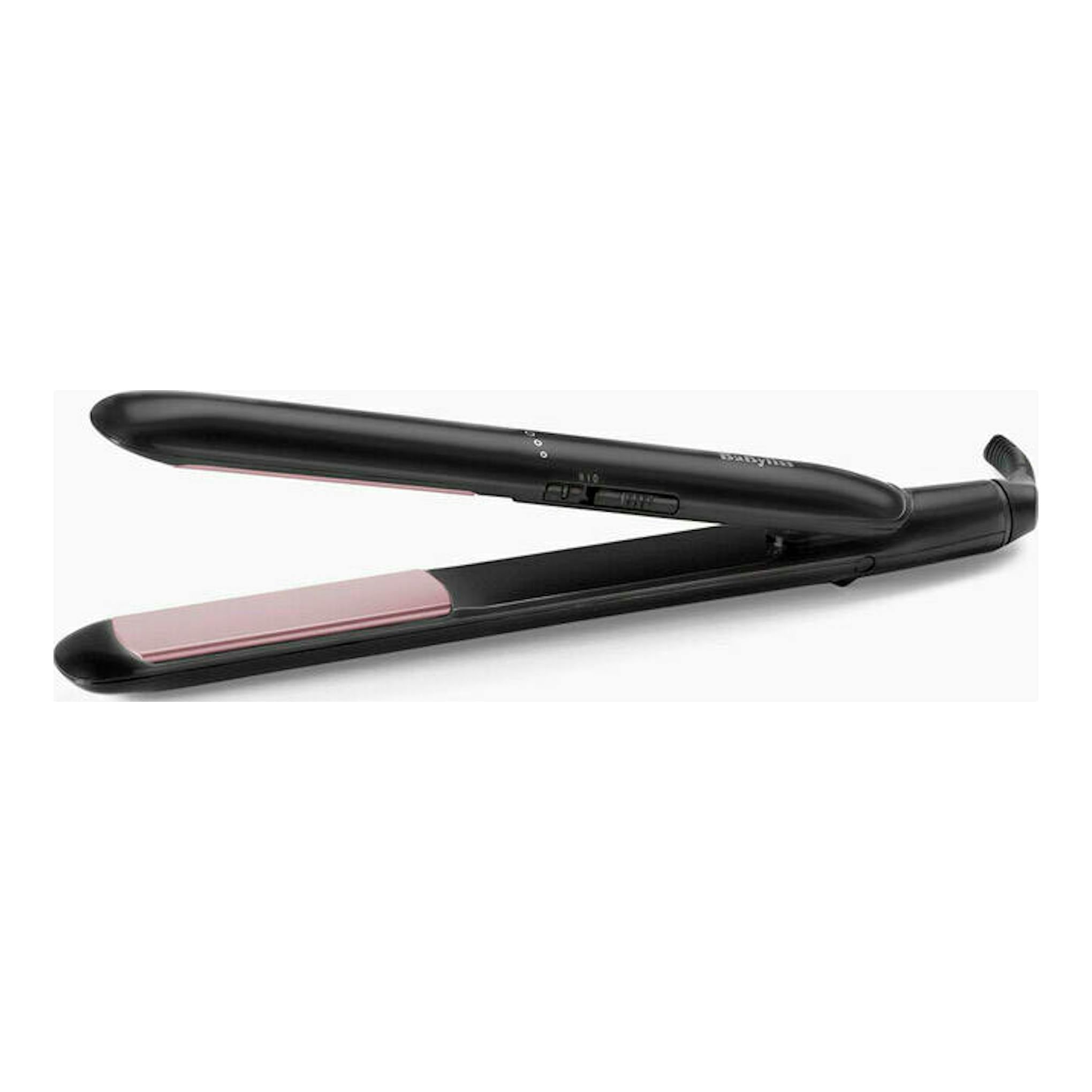 Plancha de pelo Babyliss ST241E negra con placas rosas, vista lateral sobre fondo blanco.