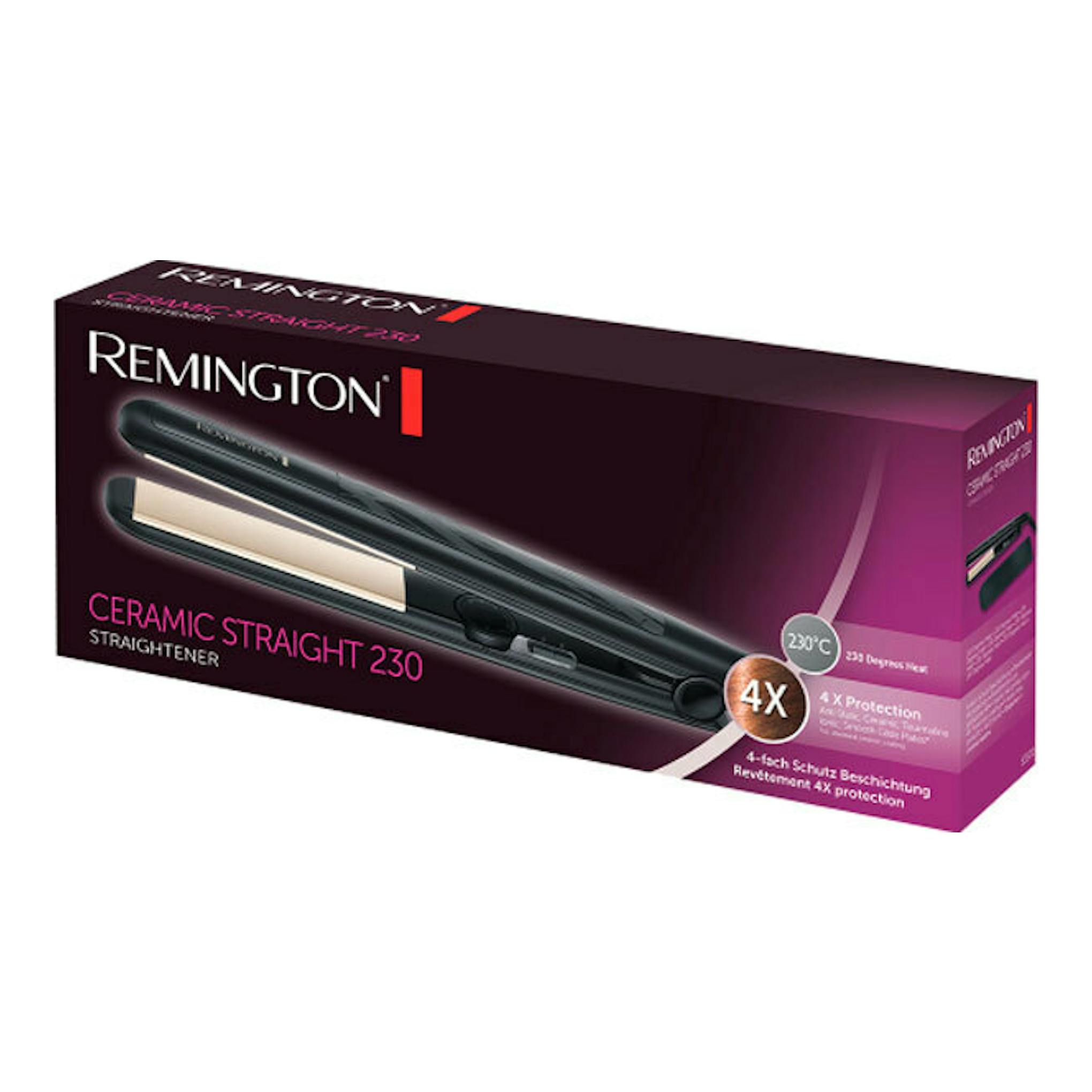 Caja de plancha de pelo Remington S3500 Ceramic Straight 230, vista en ángulo, color morado.