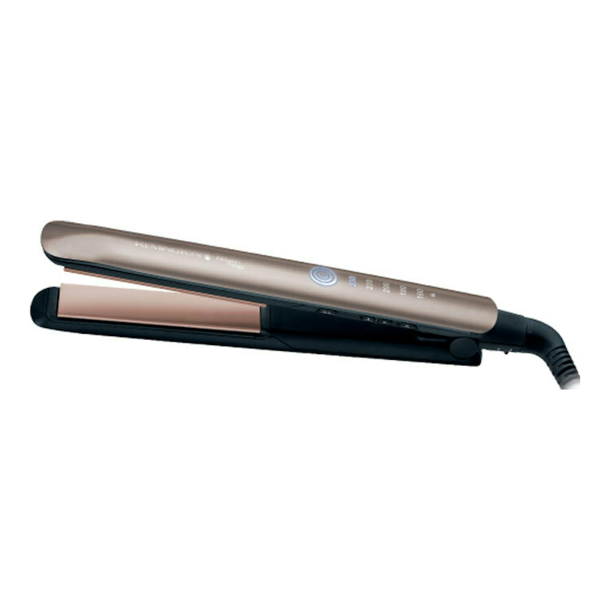 Plancha de pelo Remington S8590 en vista lateral, color negro y dorado rosa, con placa abierta y cable visible.