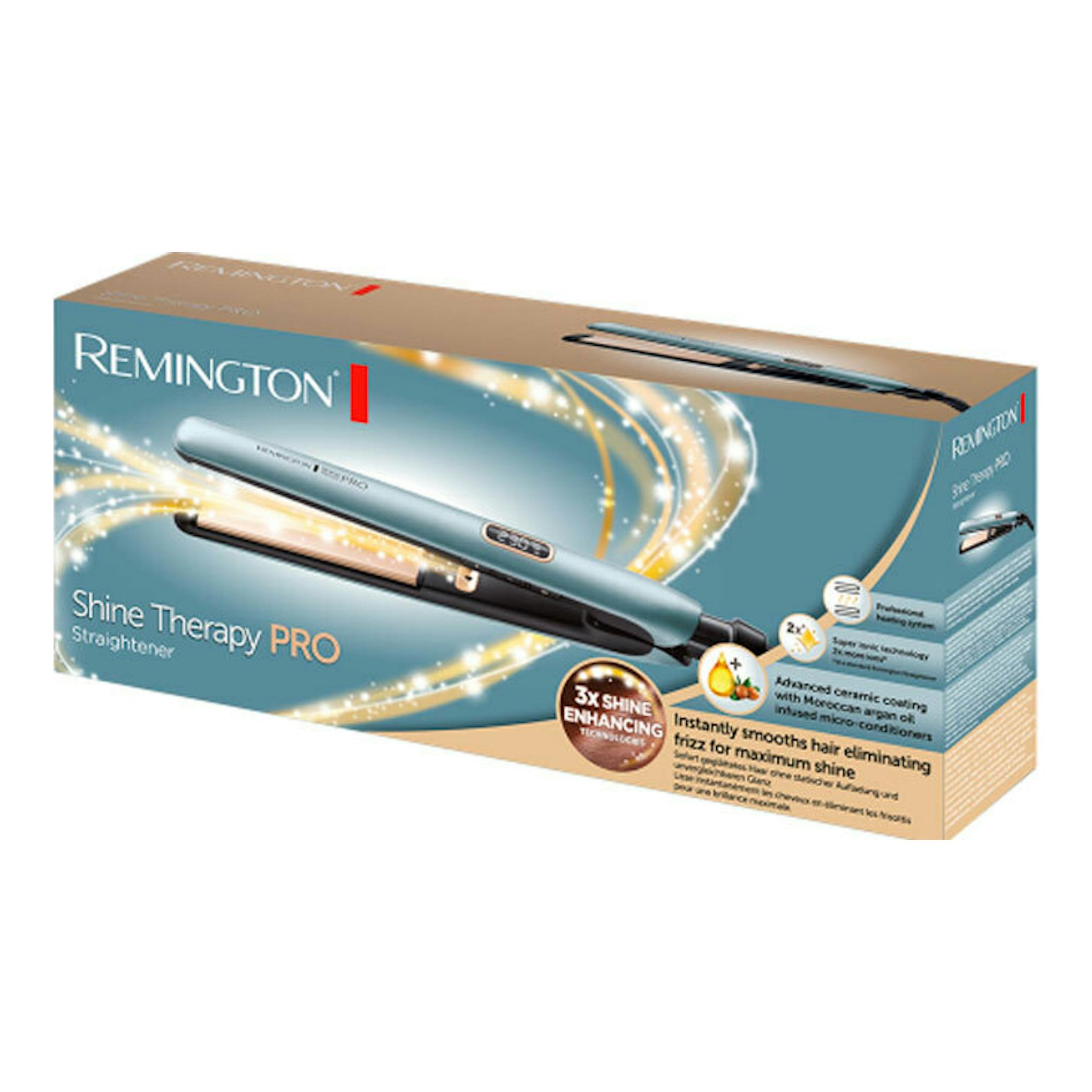 Caja de plancha de pelo Remington Shine Therapy Pro S9300, vista en ángulo, en tonos azul y beige.