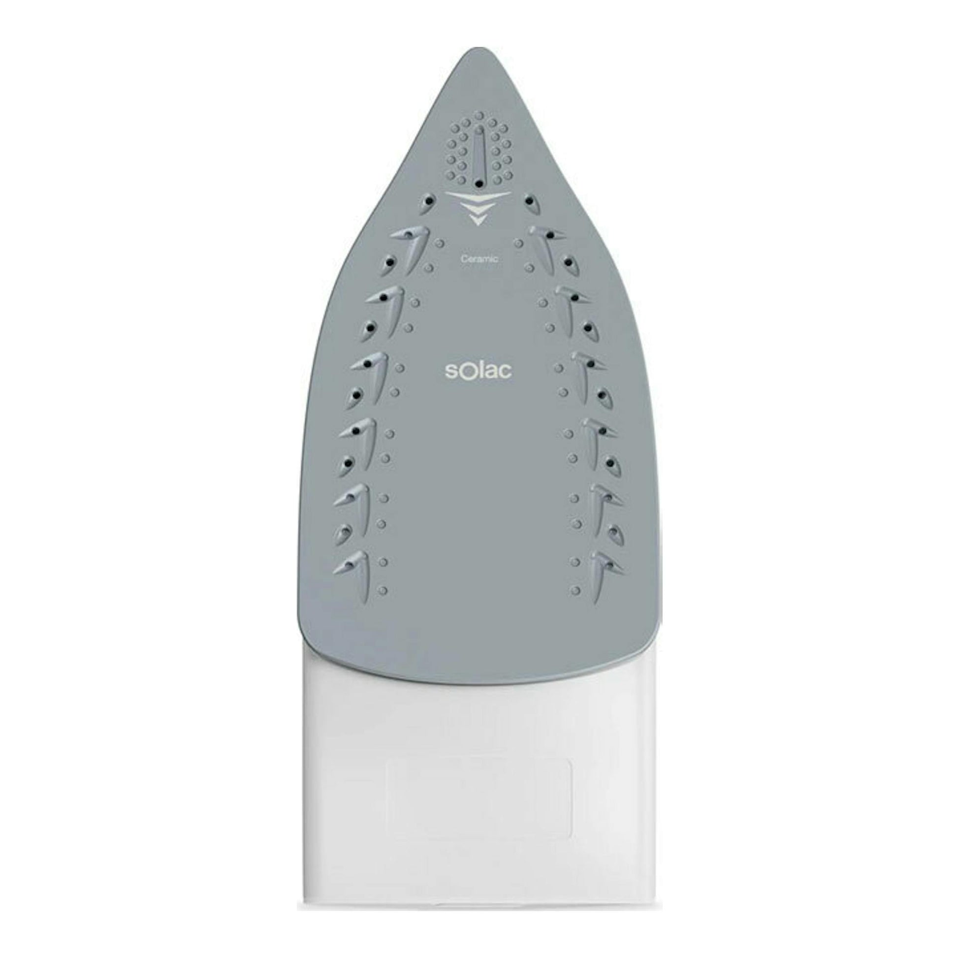 Plancha de vapor Solac PV2400, vista frontal superior, gris y blanca.