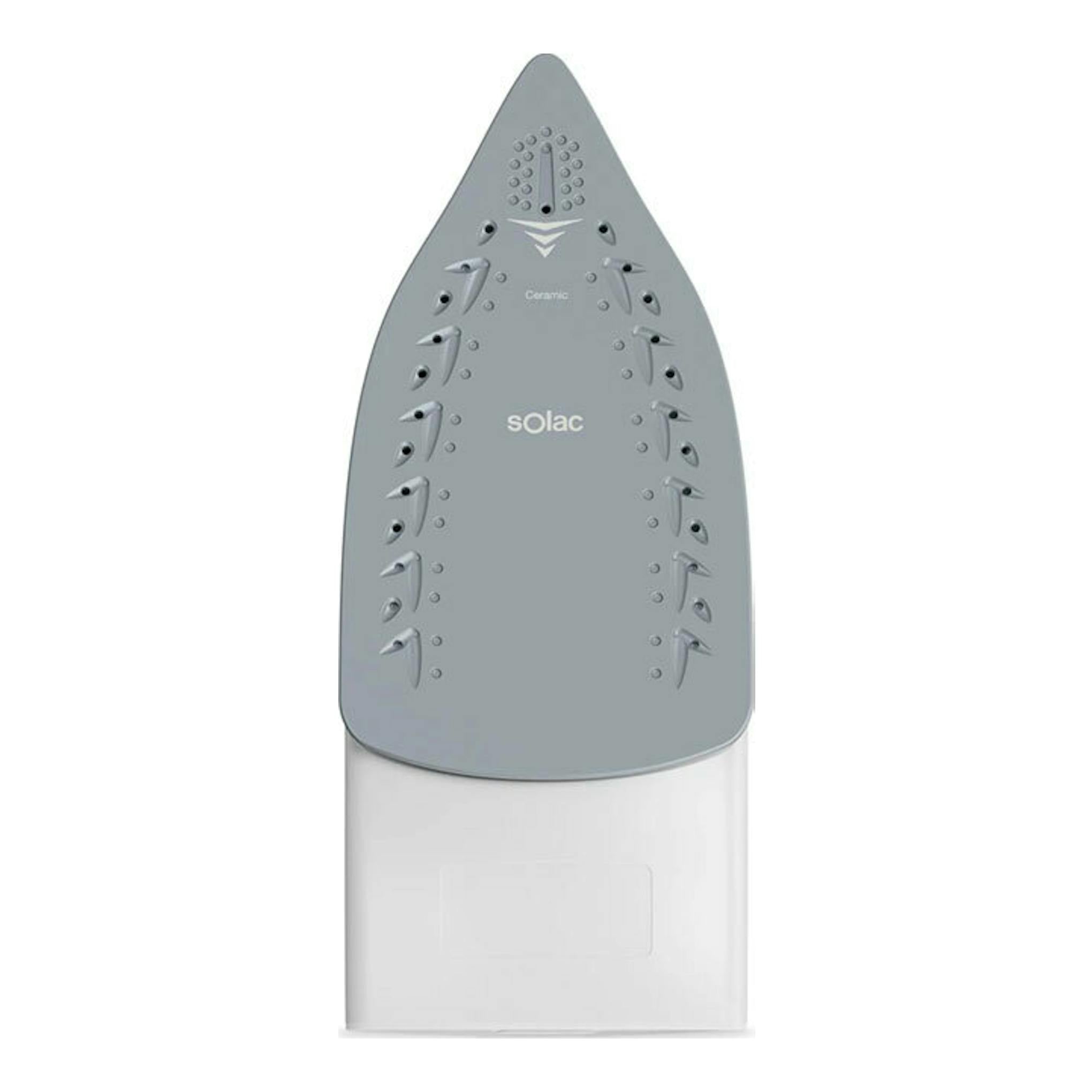 Plancha de vapor Solac PV2400, vista frontal superior, gris y blanca.