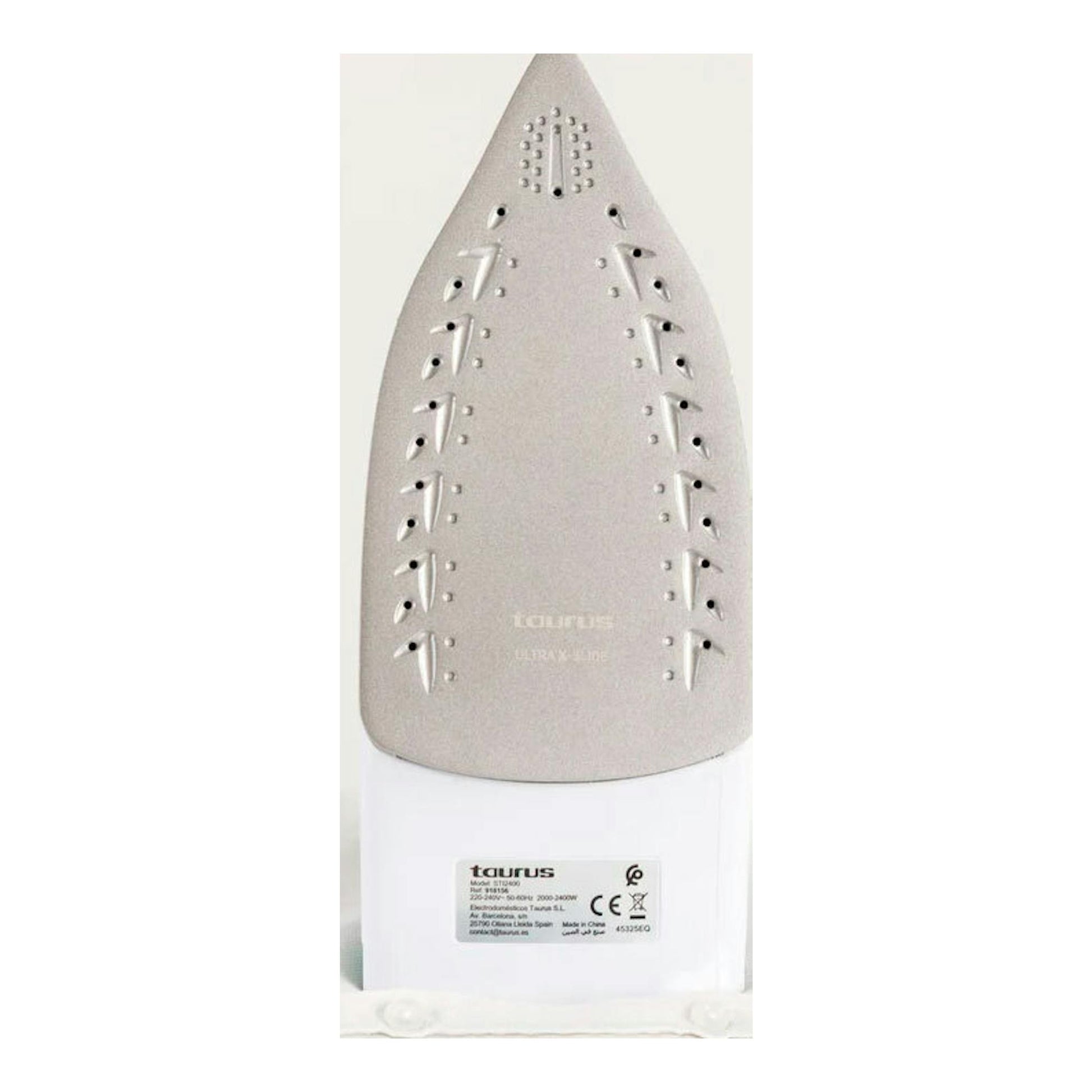 Plancha de vapor Taurus Baltic 2400, vista frontal, suela plateada y base blanca.