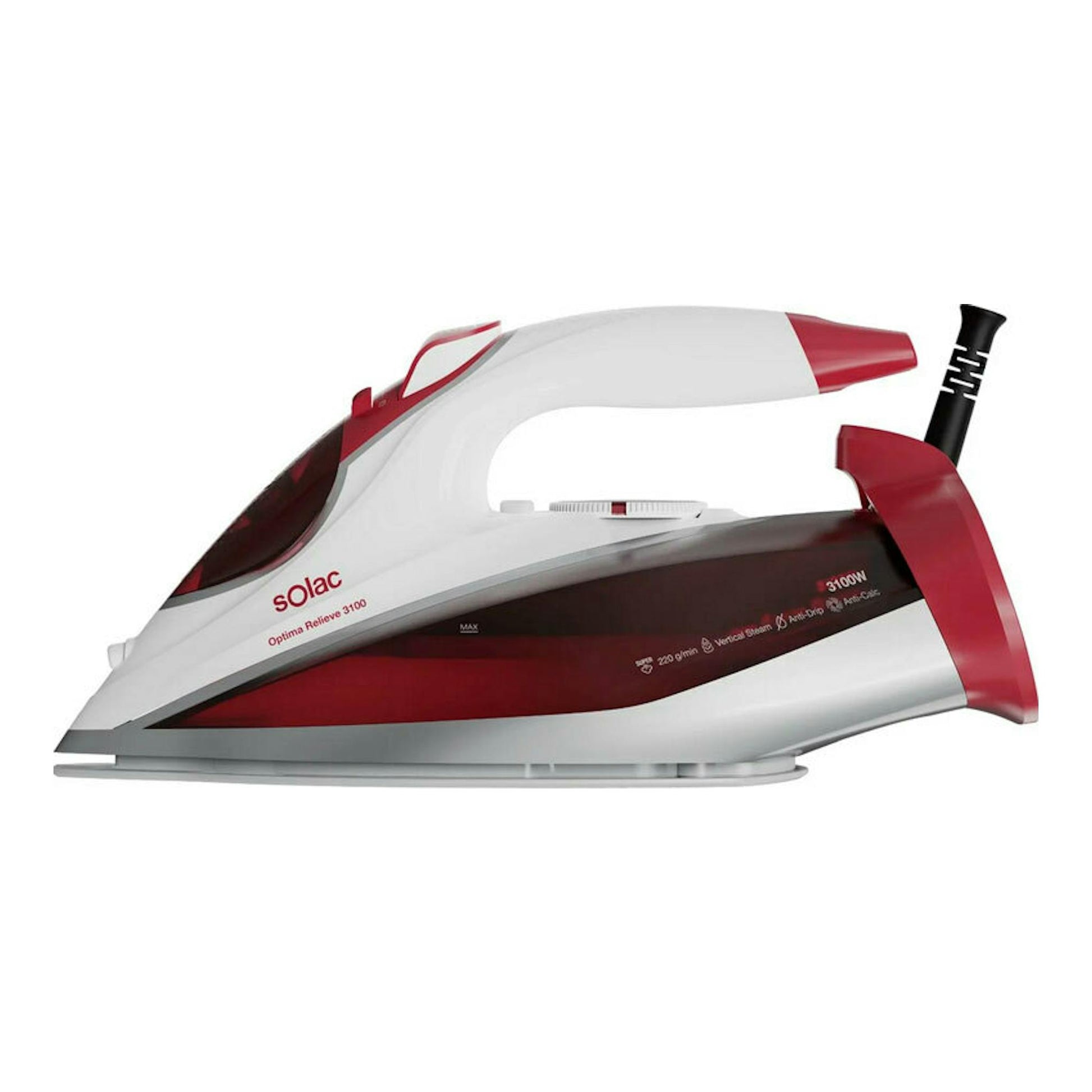 Plancha de vapor Solac Optima Relieve 3100, vista lateral, blanca y roja.