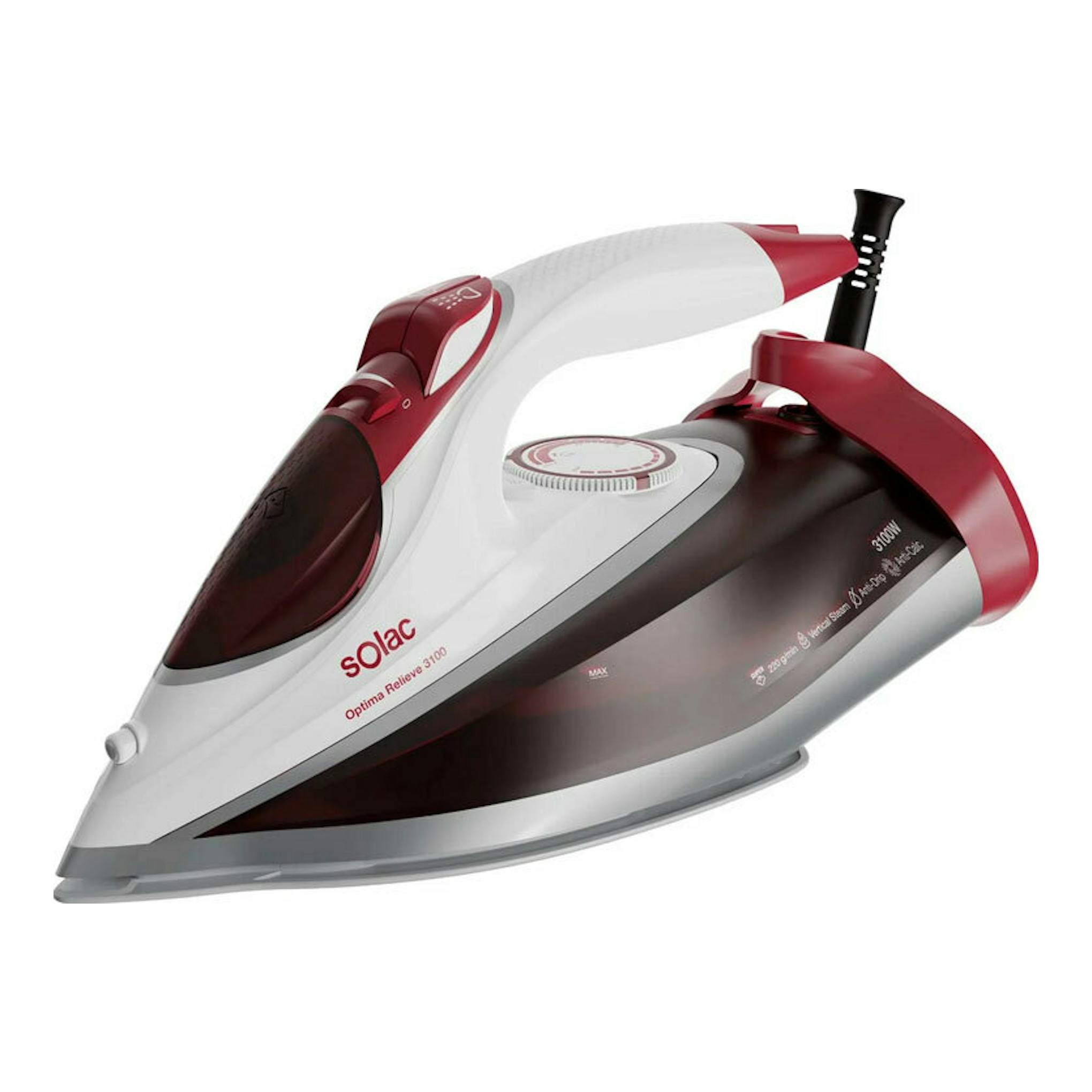 Plancha de vapor Solac PV2040 Relieve 3100, vista lateral en blanco, rojo y gris.