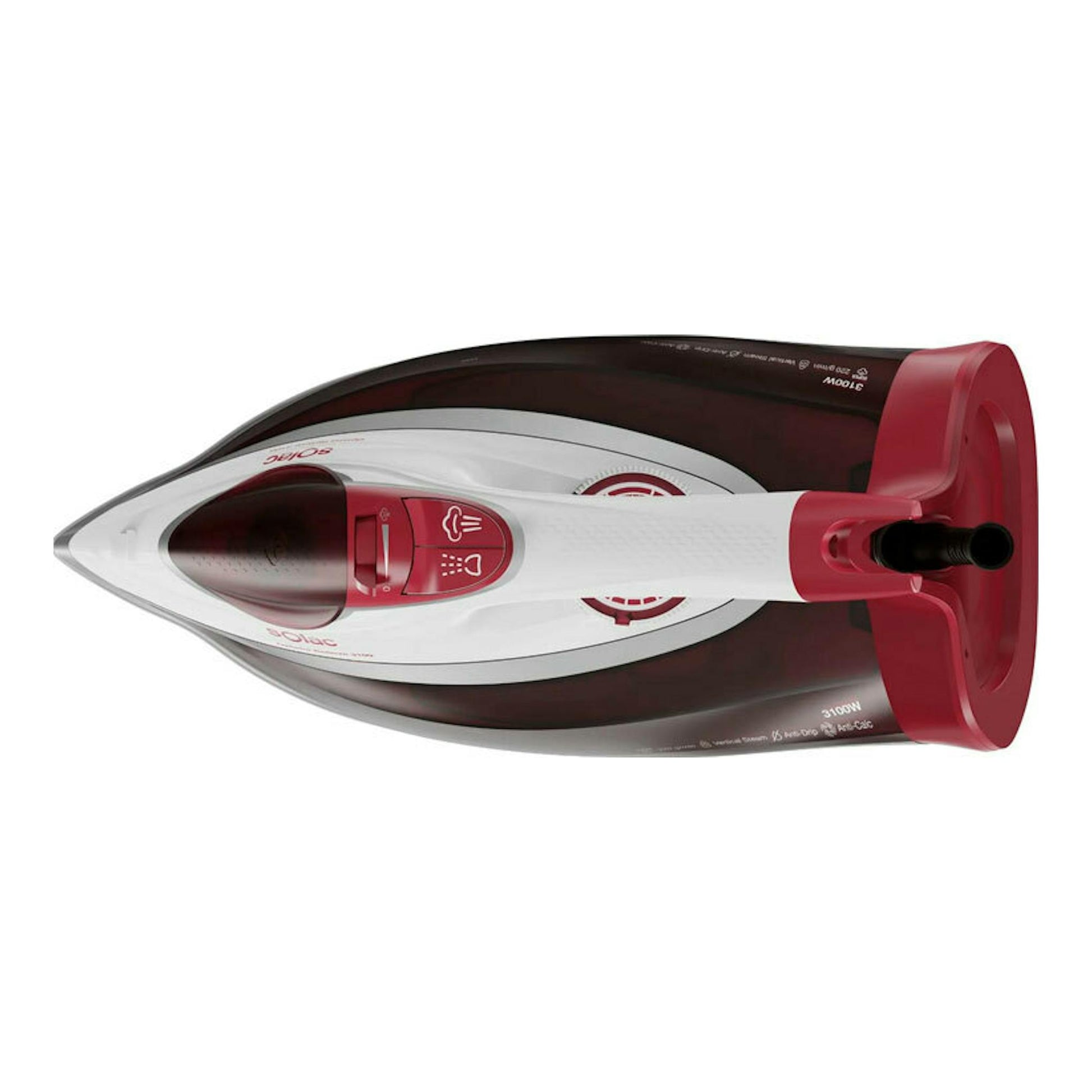 Plancha de vapor Solac PV2040 Relieve 3100, vista superior, en blanco, rojo y burdeos.