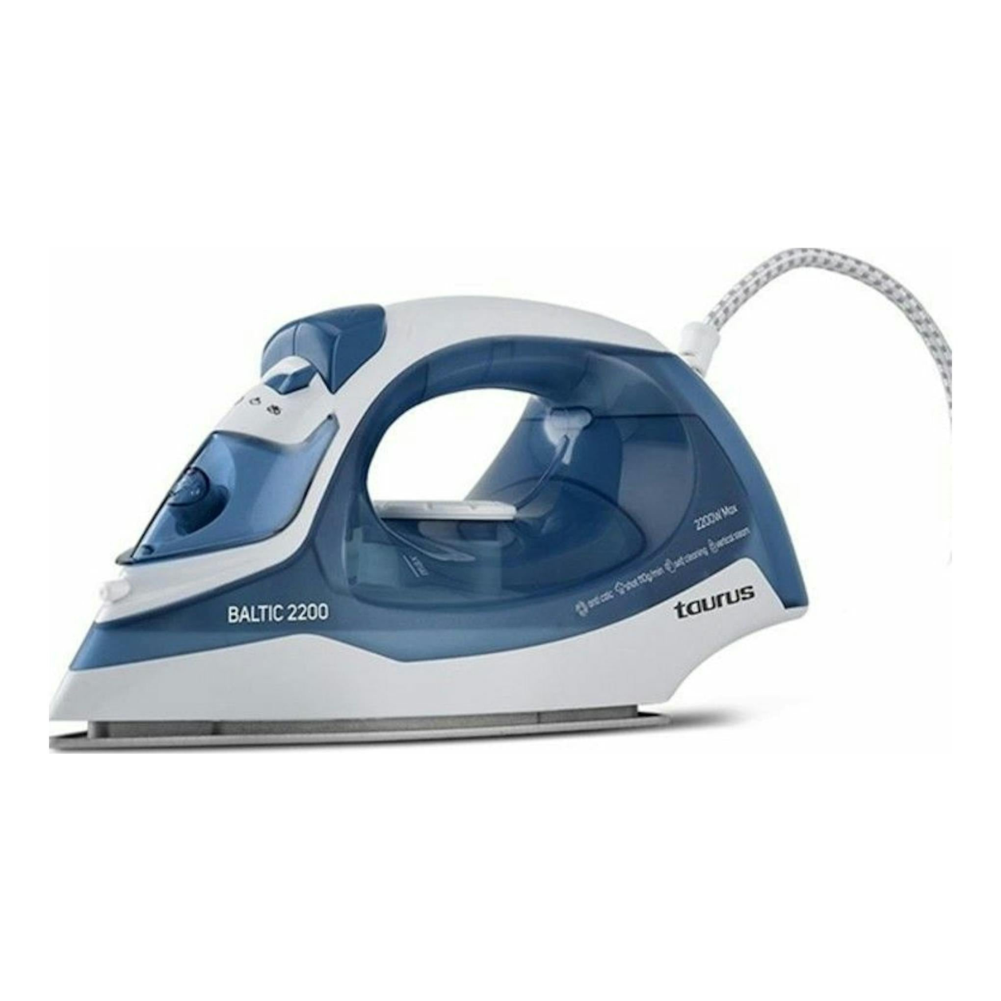 Plancha de vapor Taurus Baltic 2200 azul y blanca, vista lateral, con cable.