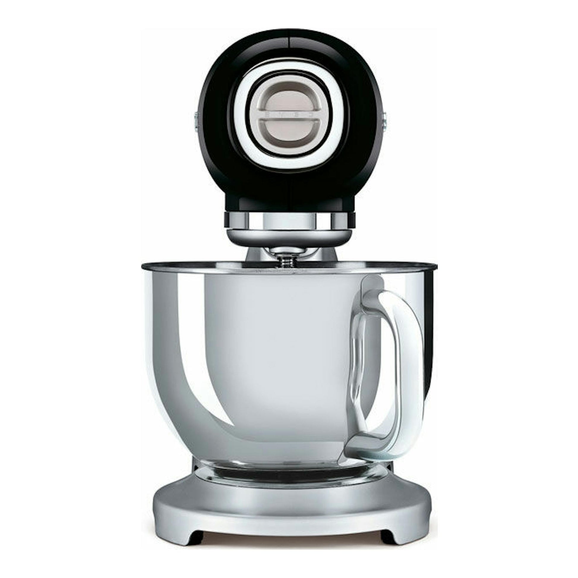 Smeg SMF02BLEU, batidora de pie negra y plateada, vista frontal sobre fondo blanco.