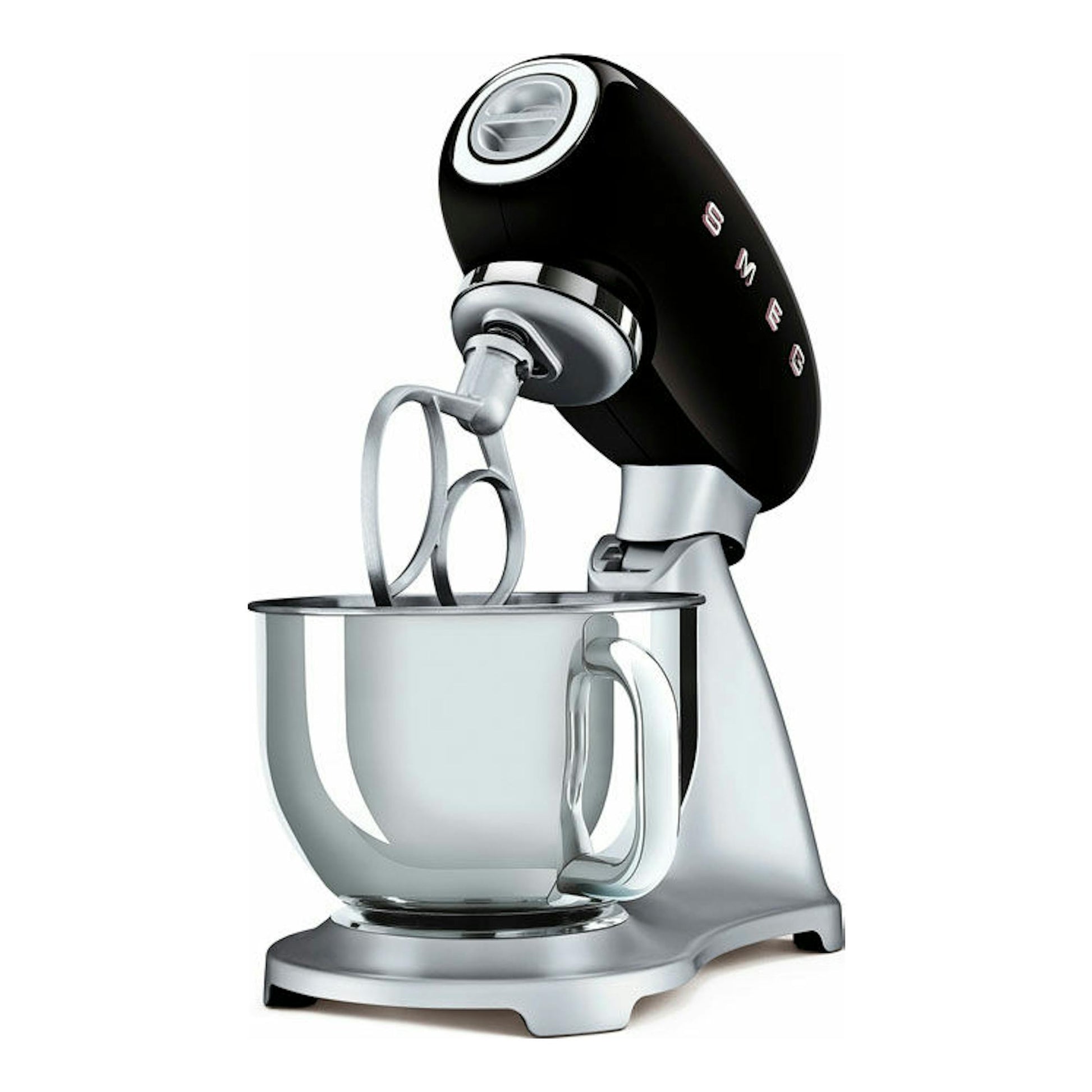 Batidora de pie Smeg SMF02BLEU negra con bol metálico y batidor, vista frontal lateral.
