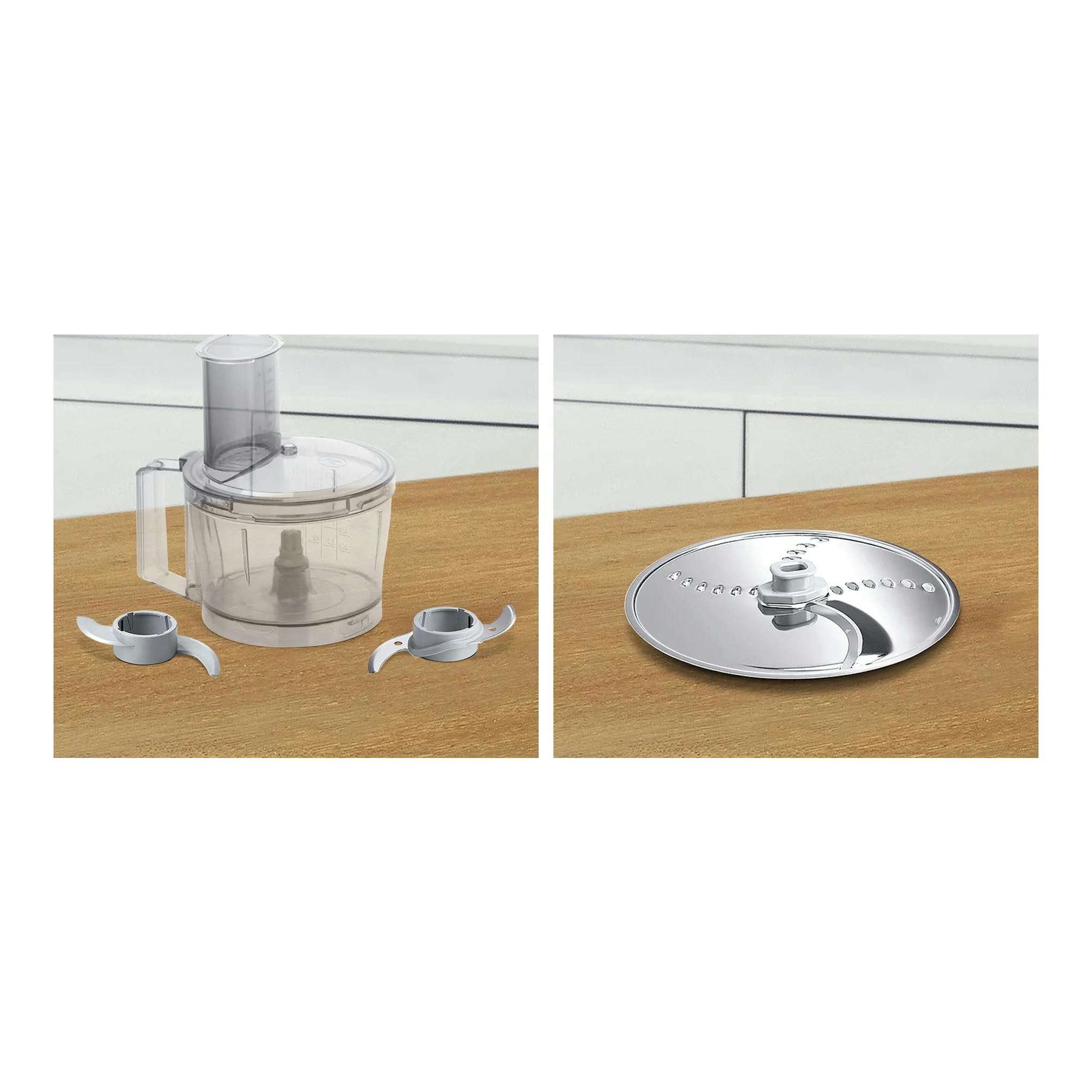 Bosch MCM3100W: procesador de alimentos blanco y transparente, con bol, tapa y accesorios; vista frontal y superior.