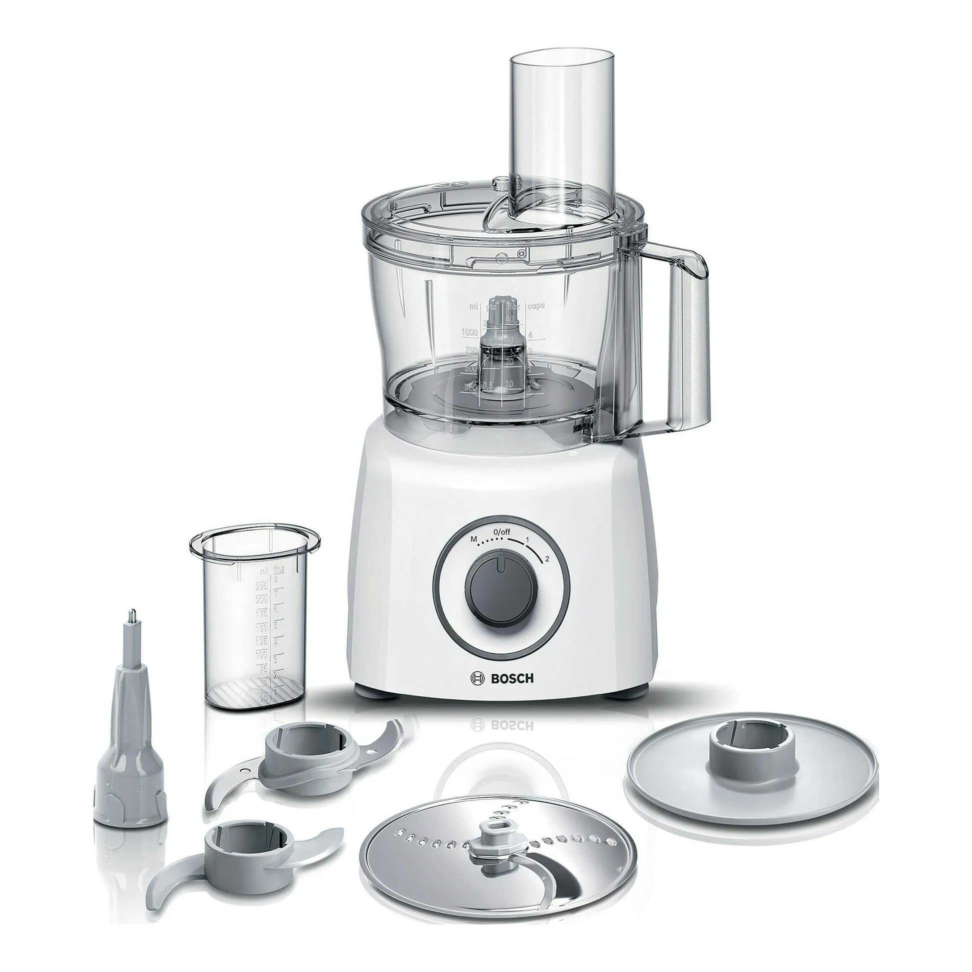 Procesador de alimentos Bosch MultiTalent 3 MCM3100W blanco, vista frontal, con accesorios y jarra transparente.