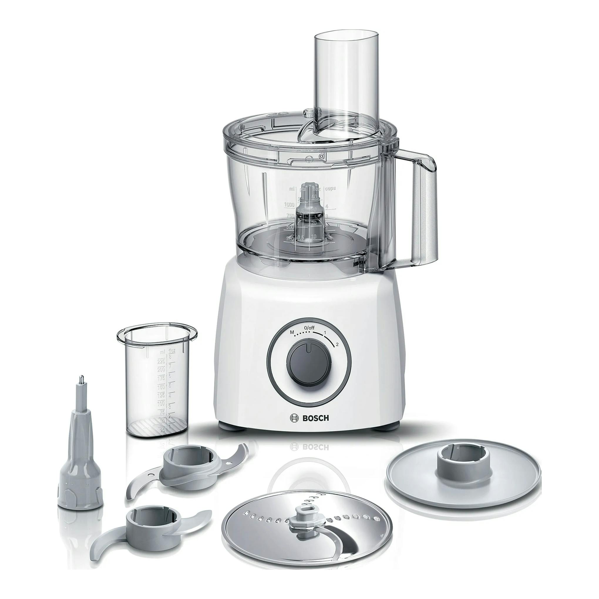 Procesador de alimentos Bosch MultiTalent 3 MCM3100W blanco, vista frontal, con accesorios y jarra transparente.