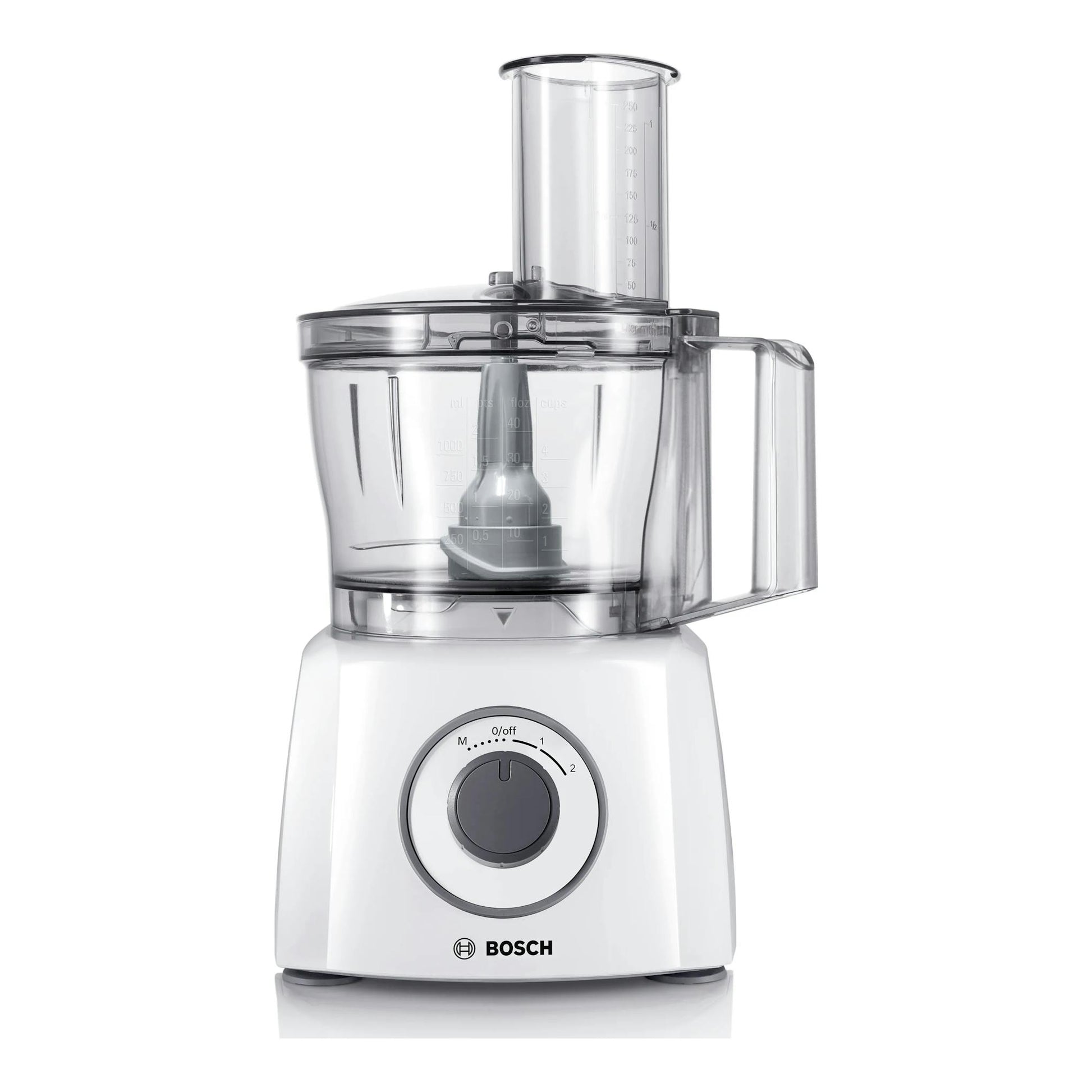 Procesador de alimentos Bosch MultiTalent 3 blanco, vista frontal, con bol transparente.
