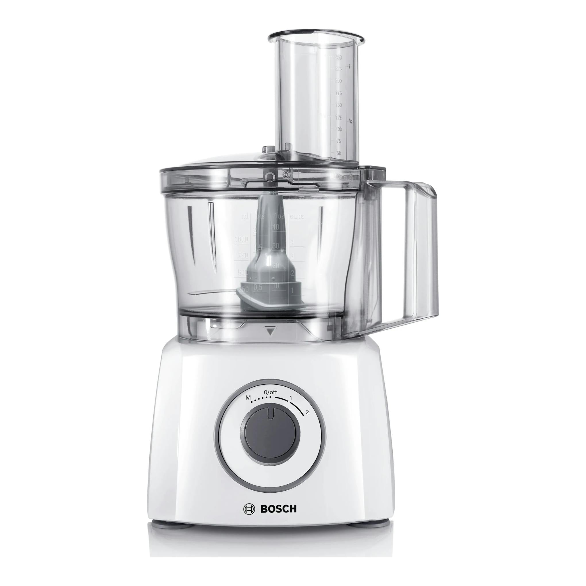 Procesador de alimentos Bosch MultiTalent 3 blanco, vista frontal, con bol transparente.