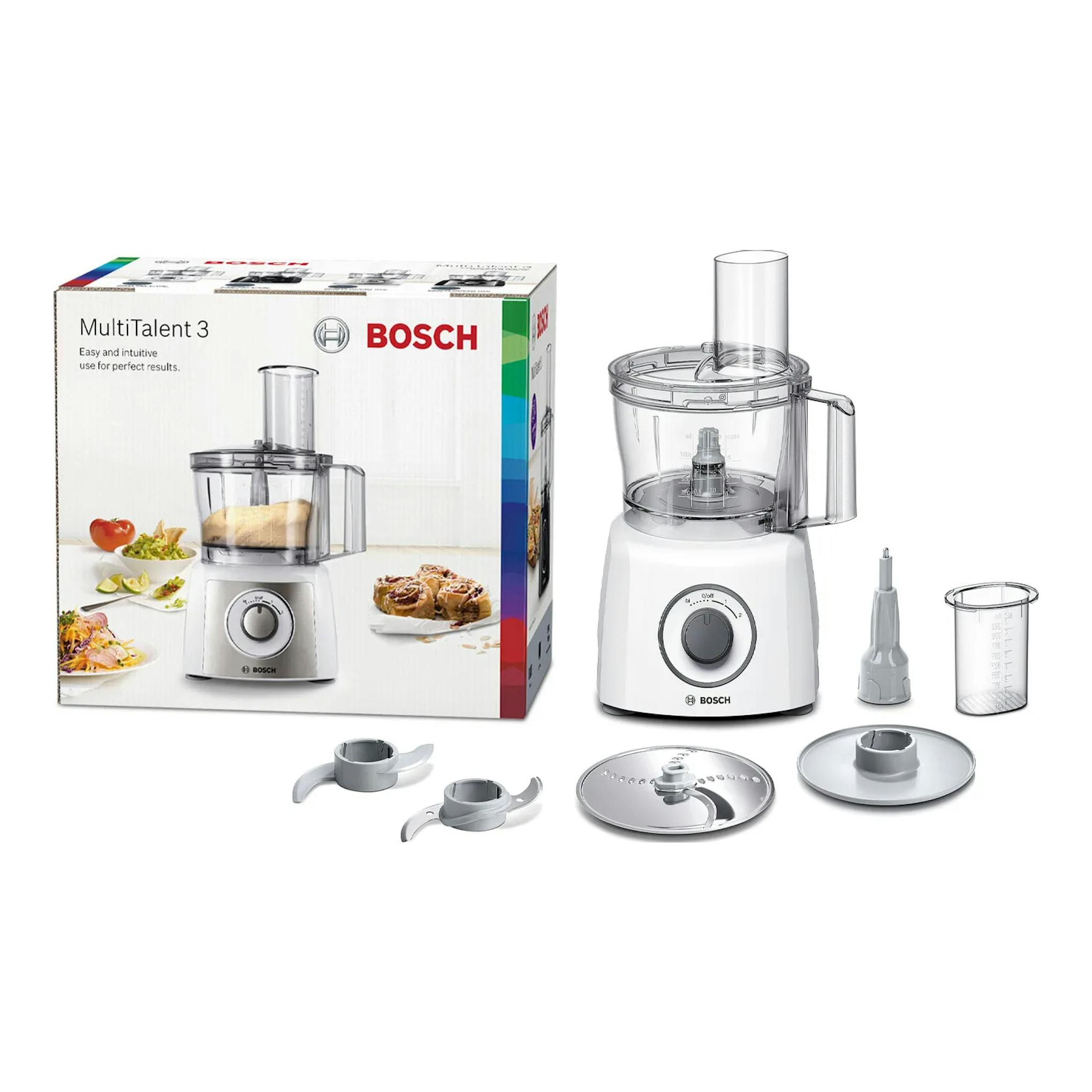 Procesador de alimentos Bosch MultiTalent 3 blanco, vista frontal, con caja y accesorios.