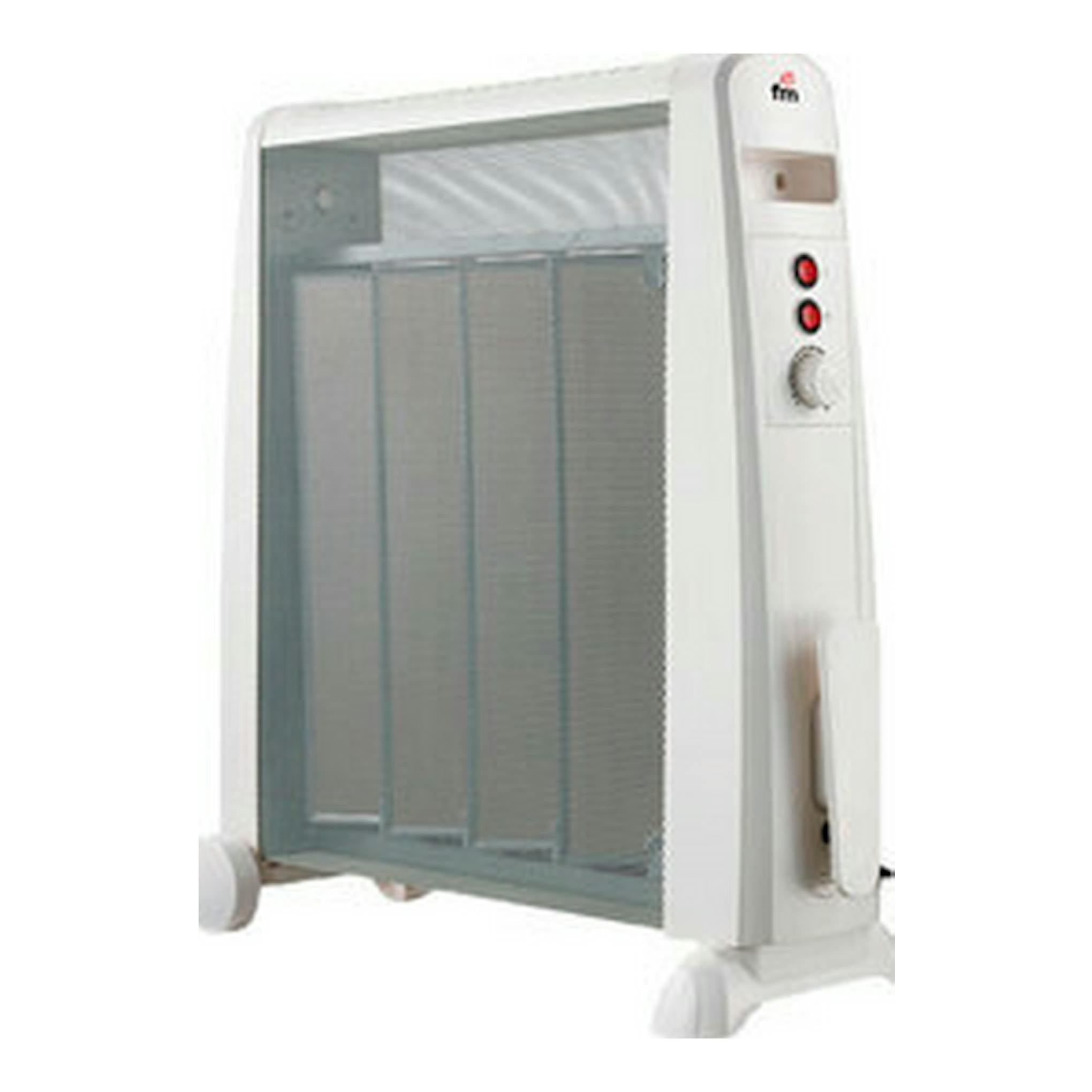 Radiador eléctrico FM RM20 blanco, vista en tres cuartos, con ruedas y controles laterales.