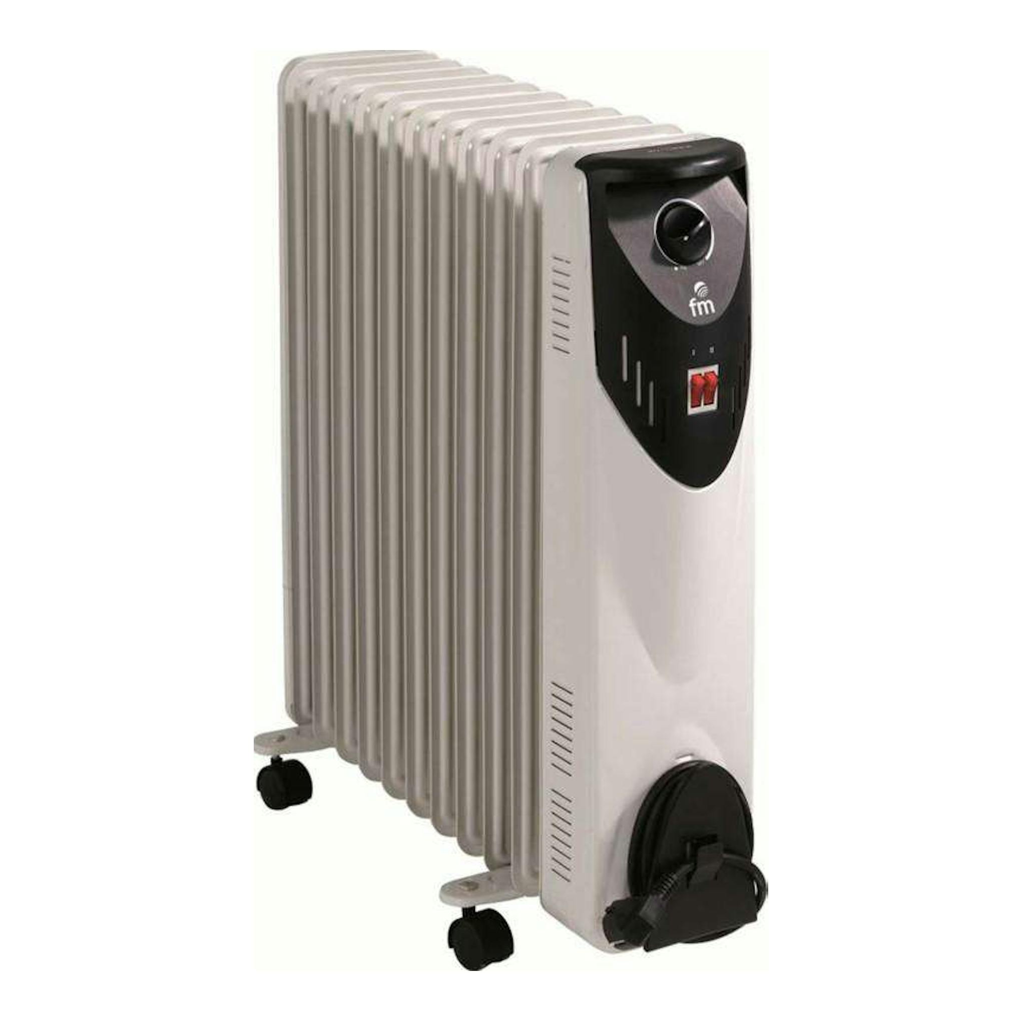 Radiador de aceite FM RW25 blanco y gris, vista frontal-lateral, con ruedas y panel negro.