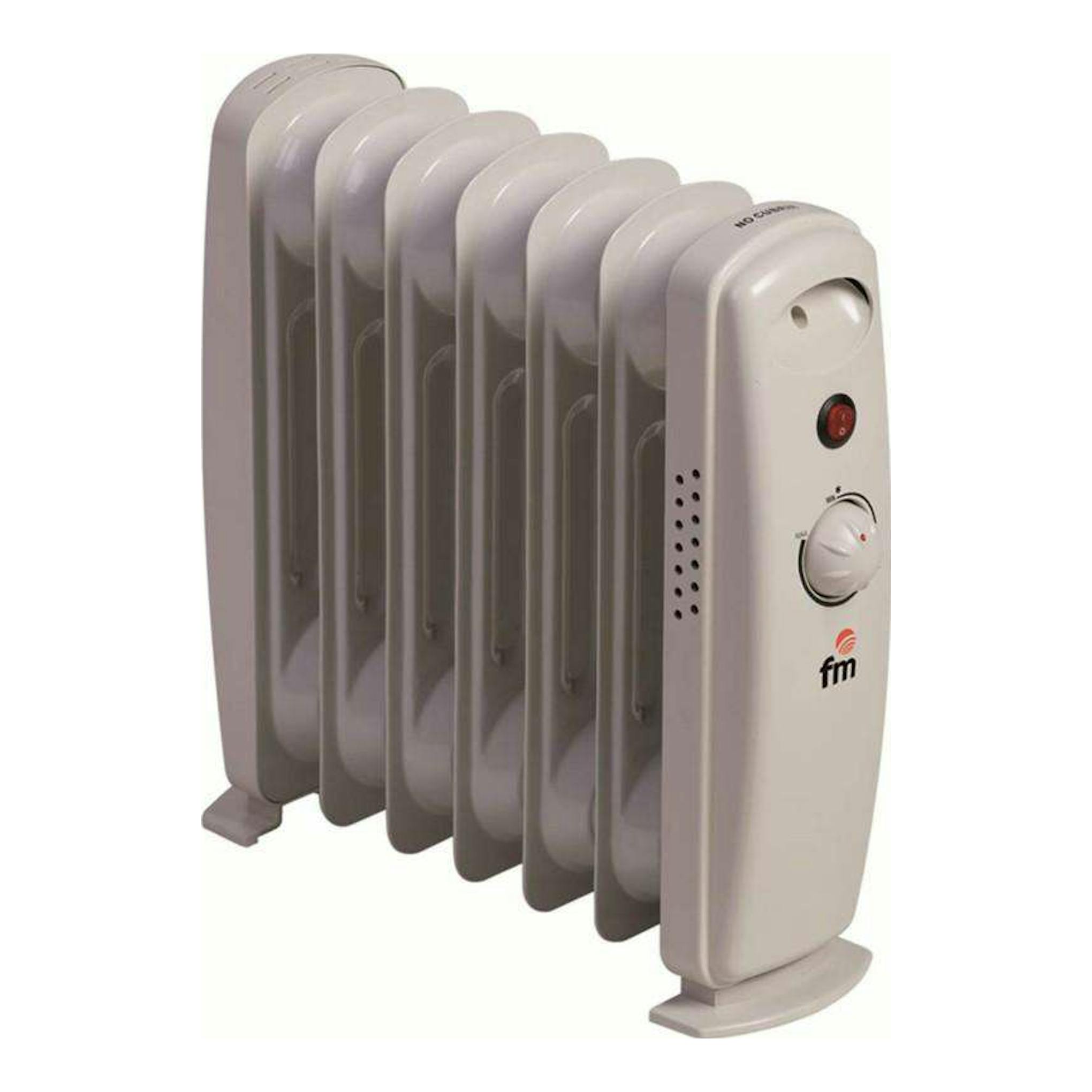 Radiador de aceite FM RWMINI, blanco/gris, vista en tres cuartos con mando y luz frontal.