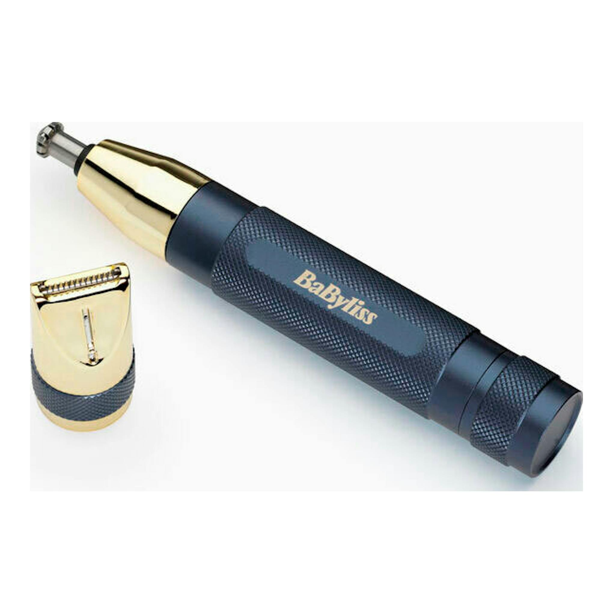 Recortador nasal Babyliss E112E azul marino y dorado, vista en ángulo con accesorio intercambiable.
