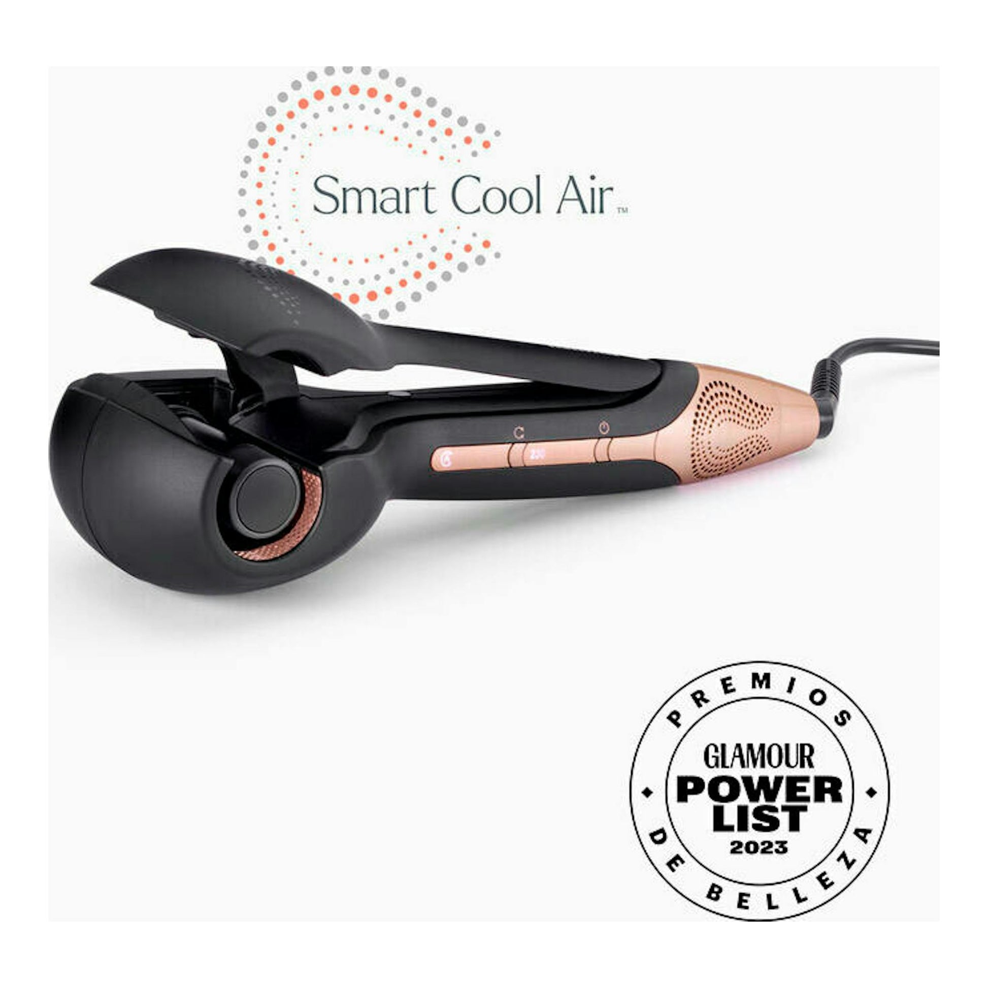 Rizador Babyliss C1900E negro y rosa dorado, vista lateral, con cable y texto Smart Cool Air.