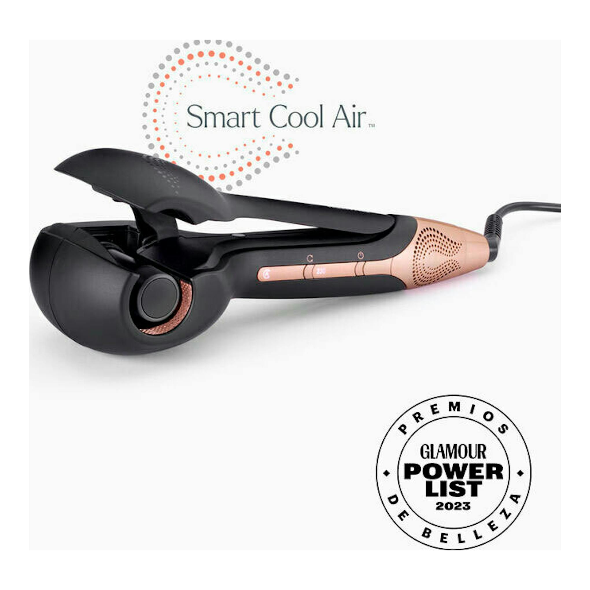 Rizador Babyliss C1900E negro y rosa dorado, vista lateral, con cable y texto Smart Cool Air.