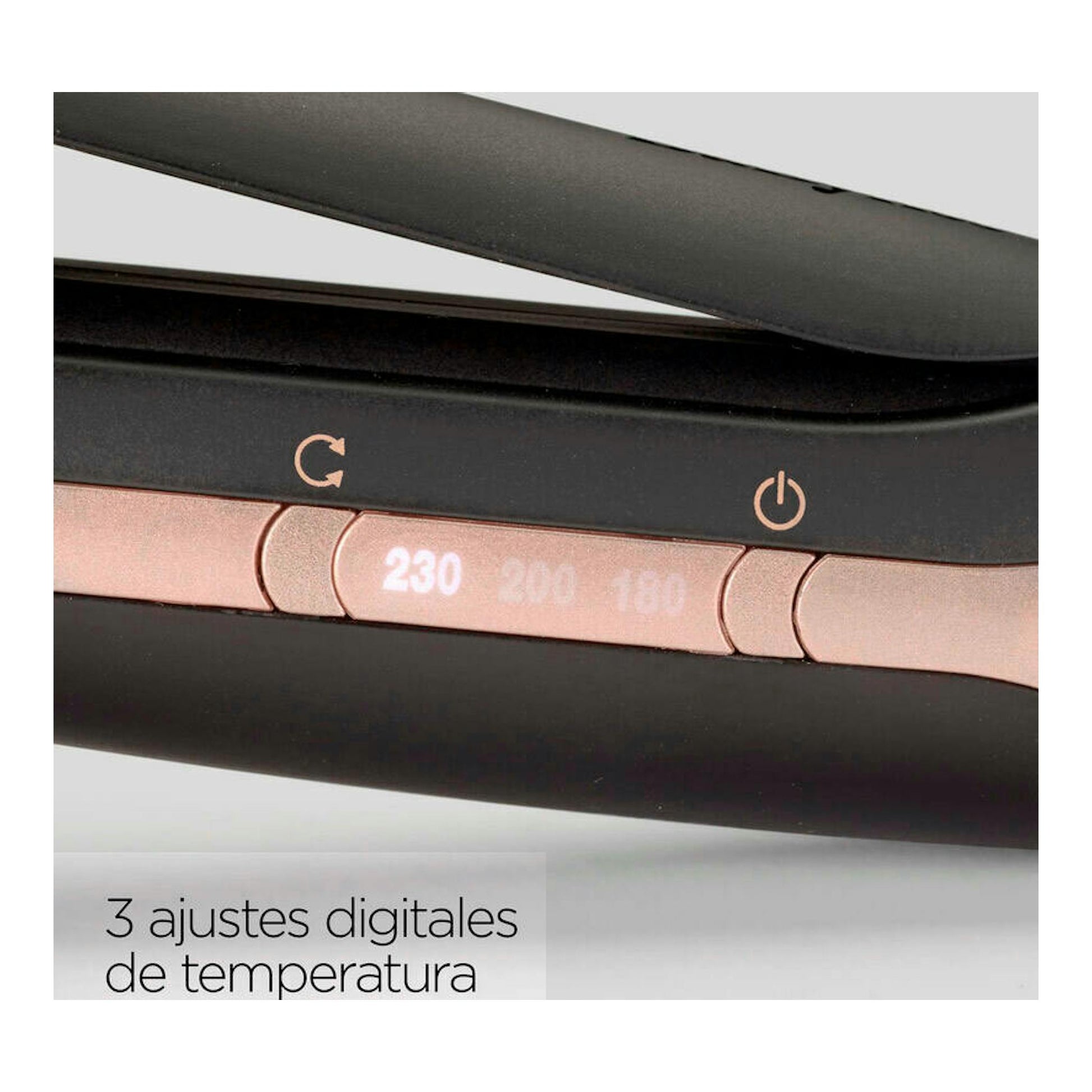 Babyliss C1900E, primer plano de rizador negro y rosa dorado con controles digitales y 3 temperaturas.