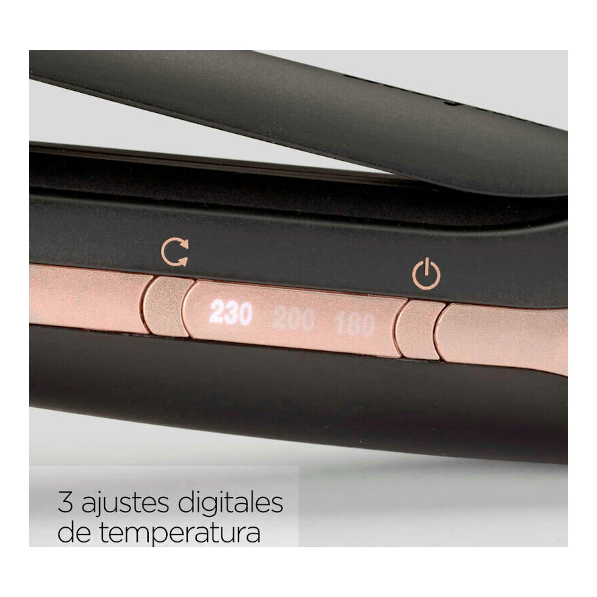 Babyliss C1900E, primer plano de rizador negro y rosa dorado con controles digitales y 3 temperaturas.