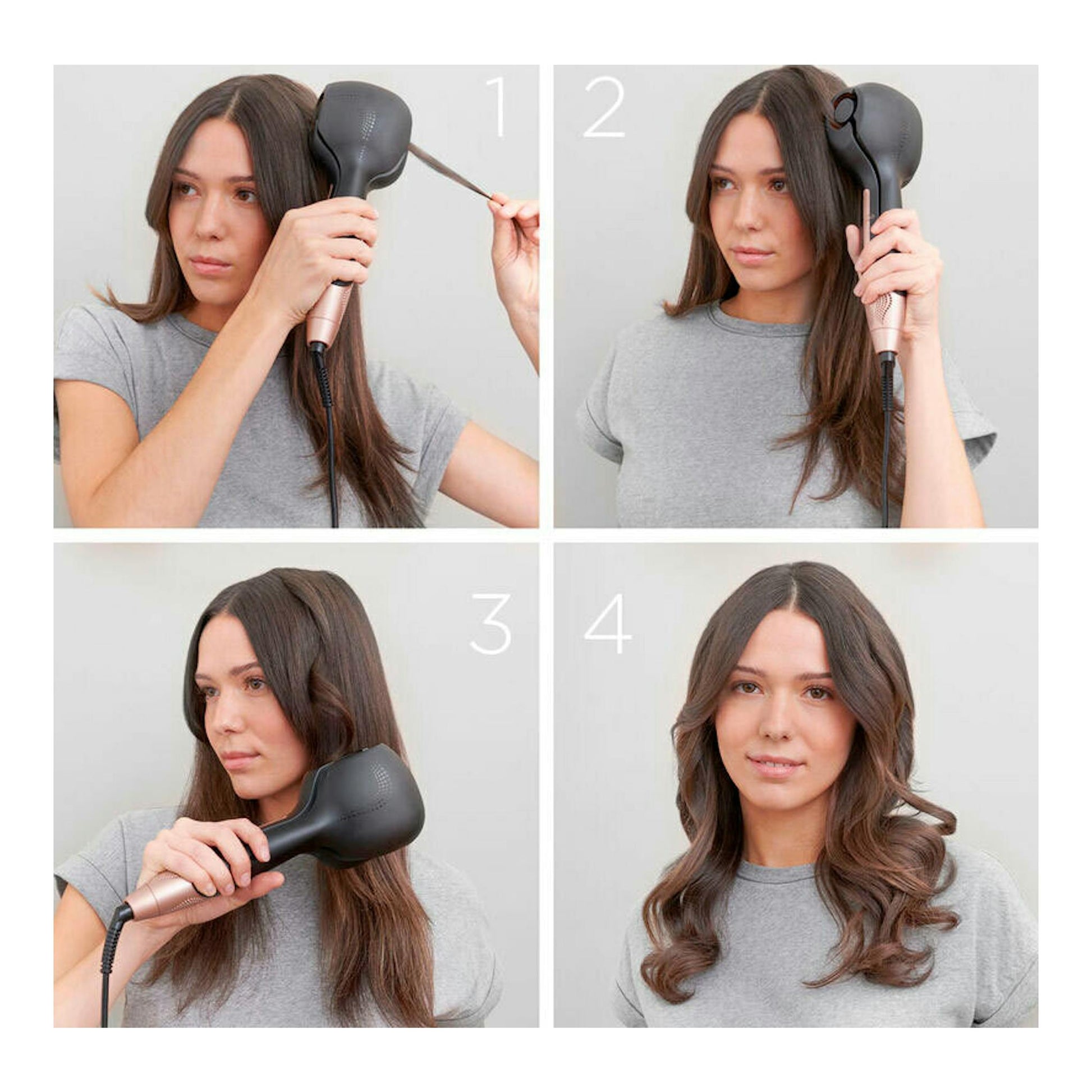Montaje en cuatro pasos de una mujer usando el rizador Babyliss C1900E negro y rosa.