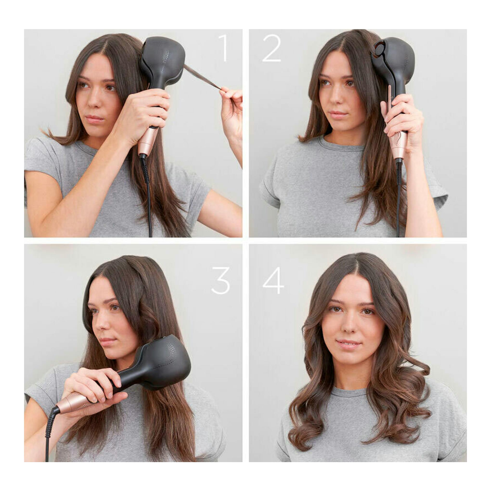 Montaje en cuatro pasos de una mujer usando el rizador Babyliss C1900E negro y rosa.