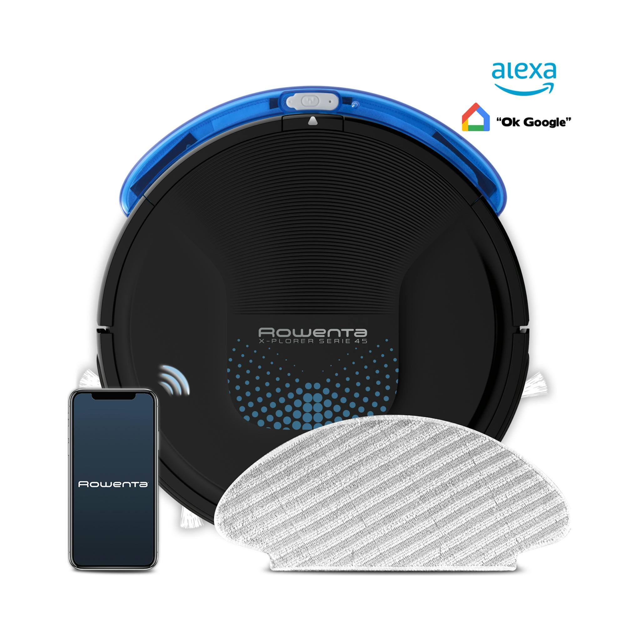 Robot aspirador Rowenta X-Plorer Serie 45 negro y azul, vista superior, con móvil, mopa y logos Alexa y Google.