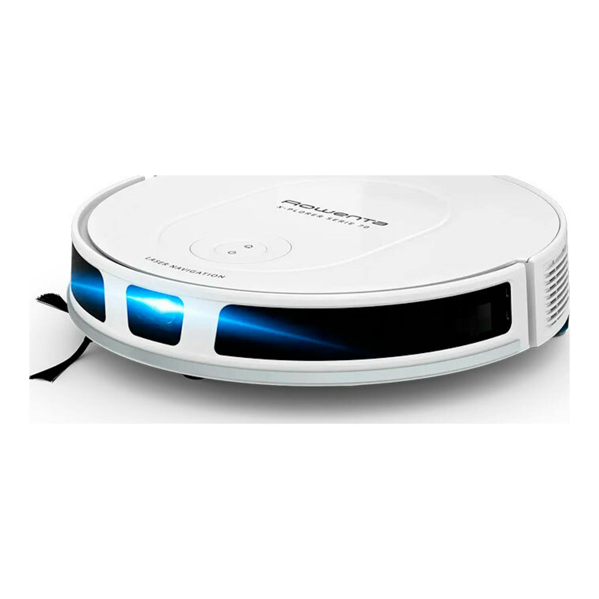 Robot aspirador Rowenta RR8477WH blanco, vista en tres cuartos frontal con franja negra y luces azules.