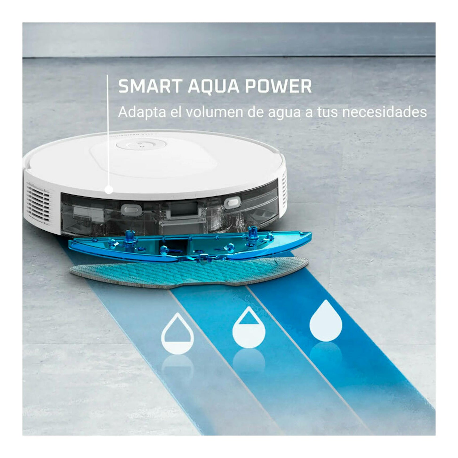 Robot aspirador Rowenta RR8477WH blanco, vista frontal, con mopa azul y ajuste de agua Smart Aqua Power.