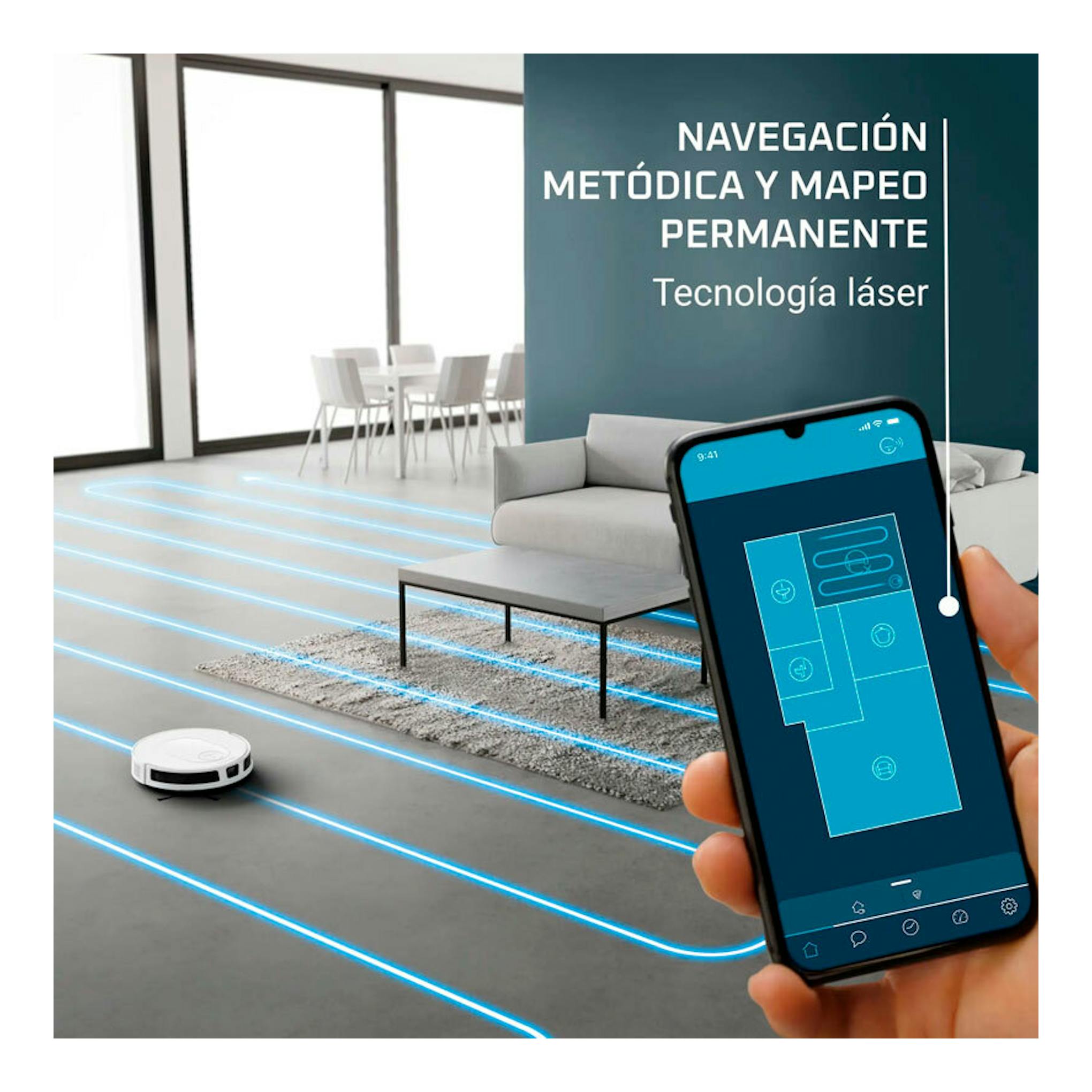 Robot aspirador Rowenta RR8477WH blanco en salón, junto a un móvil con mapa de navegación láser.