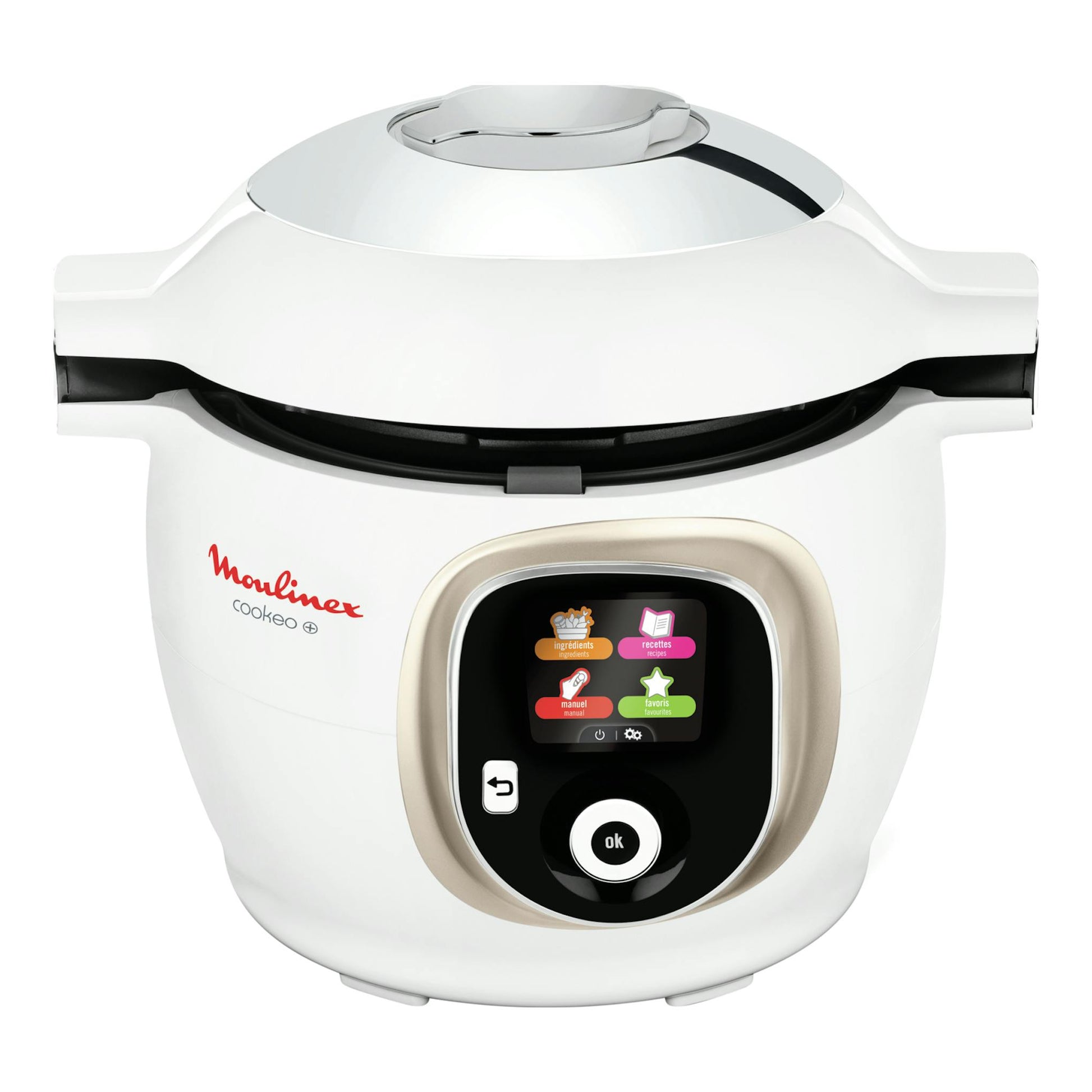 Robot de cocina Moulinex Cookeo+ CE851A10 blanco, vista frontal, con pantalla LCD.