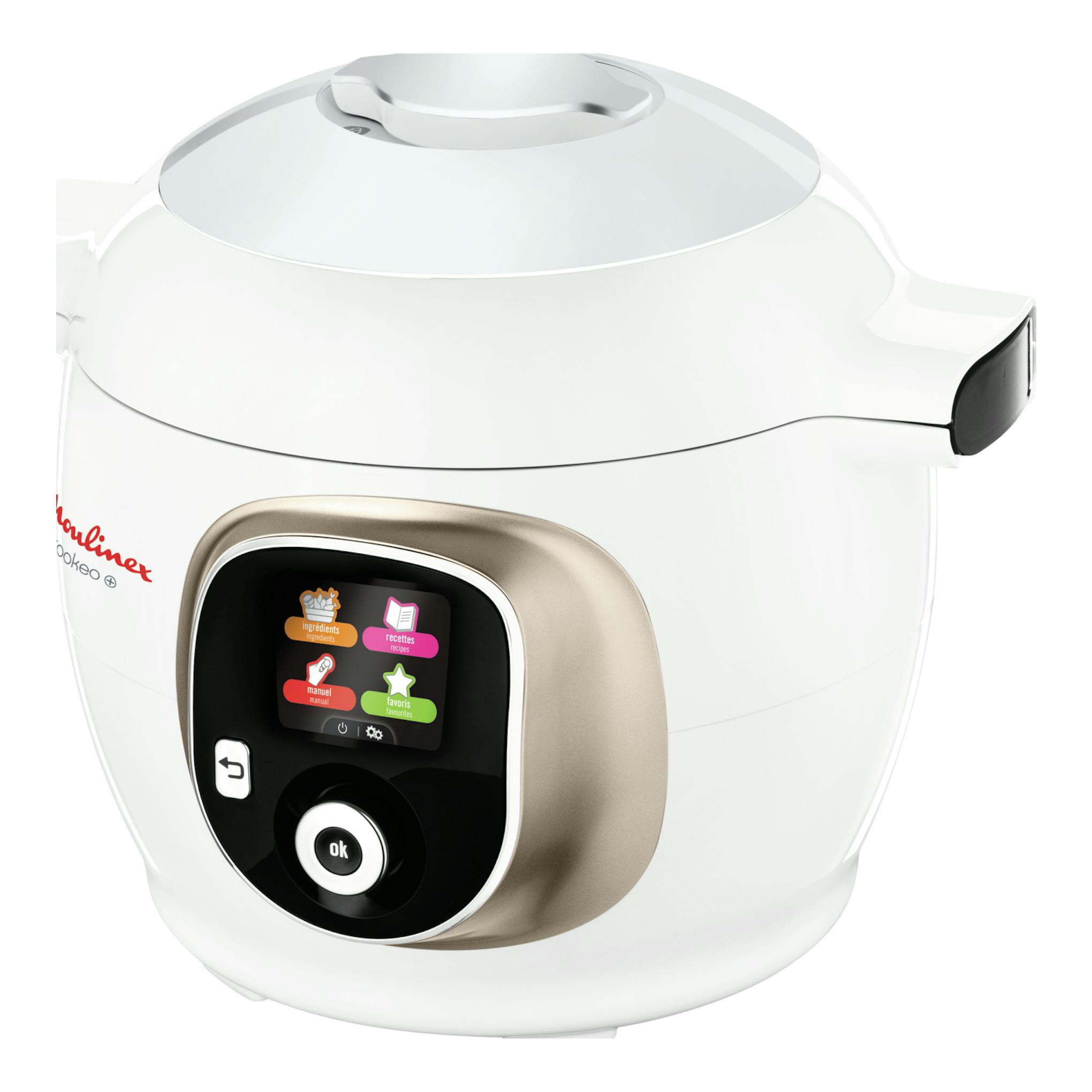 Robot de cocina Moulinex Cookeo+ CE851A10 blanco, vista frontal en tres cuartos, con pantalla LCD.