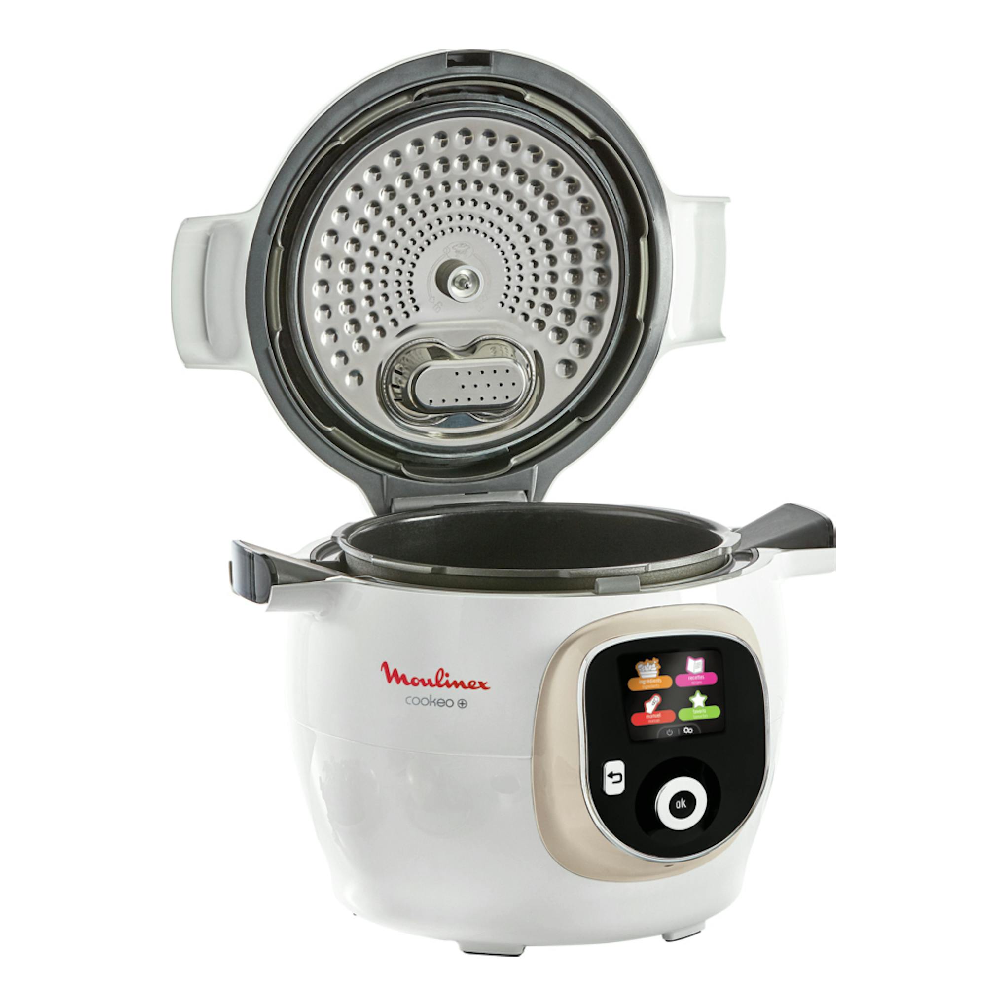 Robot de cocina Moulinex Cookeo+ CE851A10 blanco, vista frontal con tapa abierta y panel LCD.