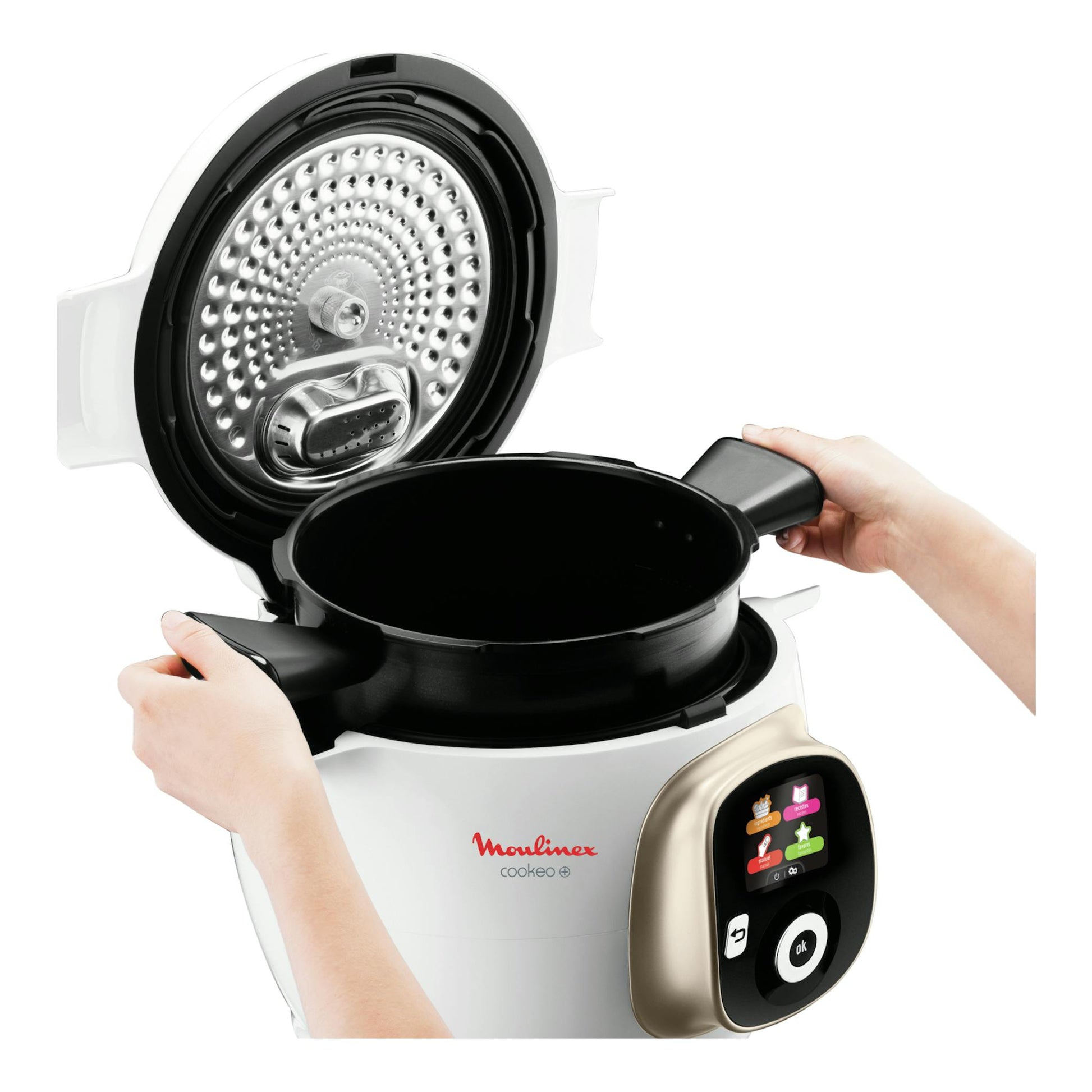 Robot de cocina Moulinex Cookeo+ CE851A10 blanco y negro, con tapa abierta y cubeta extraíble.