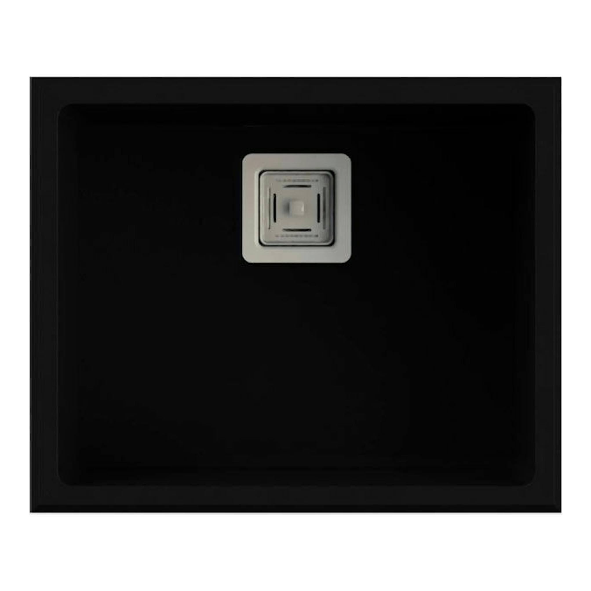 Fregadero Poalgi Zie 50 1/S negro, vista cenital, con desagüe cuadrado centrado.
