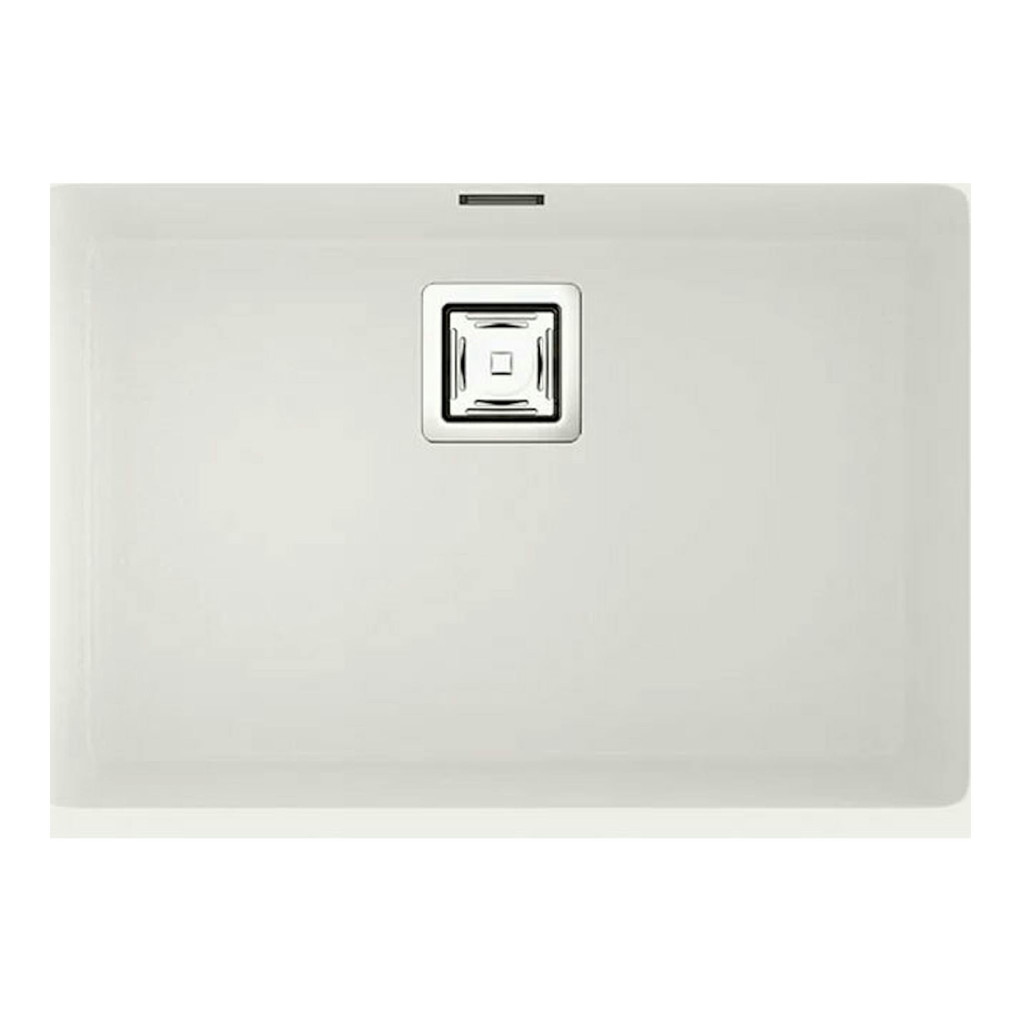 Fregadero Poalgi Zie 60 1/S blanco brillo, vista cenital, rectangular, con desagüe centrado.