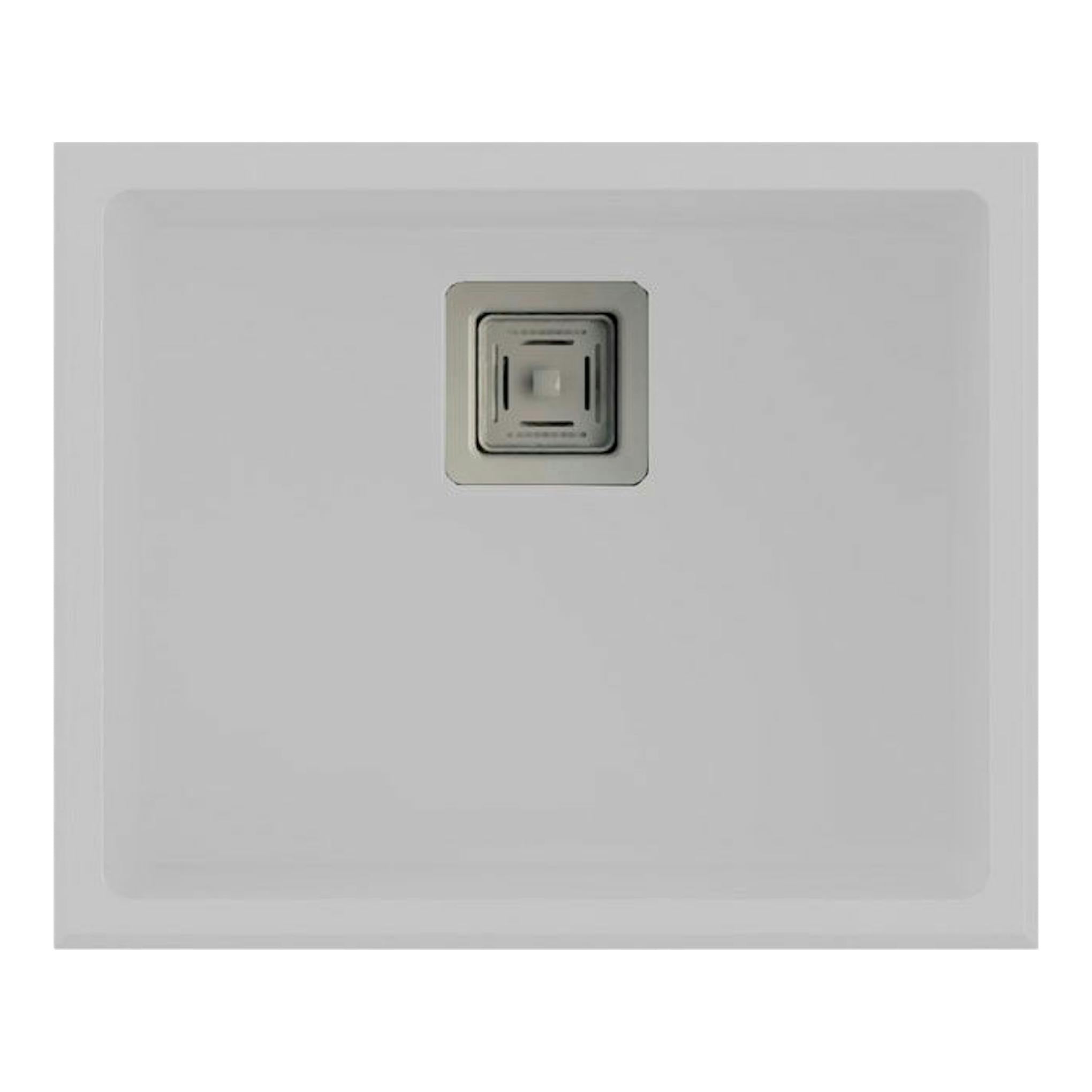 Fregadero Poalgi Zie 50 1/S Blanco Soft, vista cenital de lavabo cuadrado blanco con desagüe central.