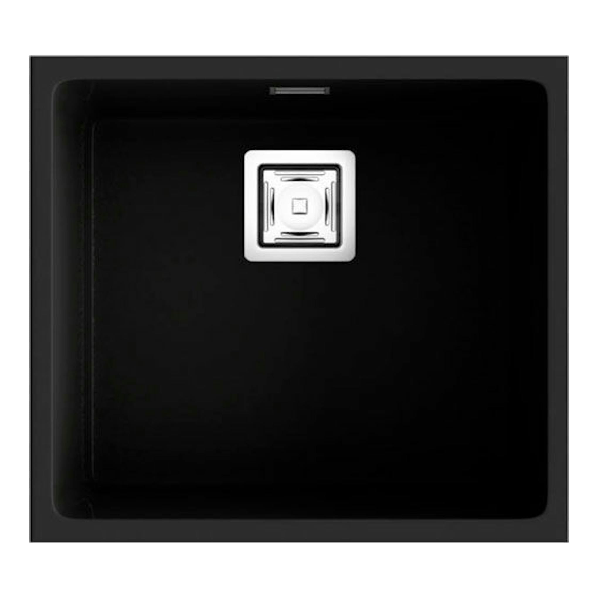 Fregadero Poalgi Zie 60 1/S negro brillante, vista superior, cuadrado, con desagüe central.