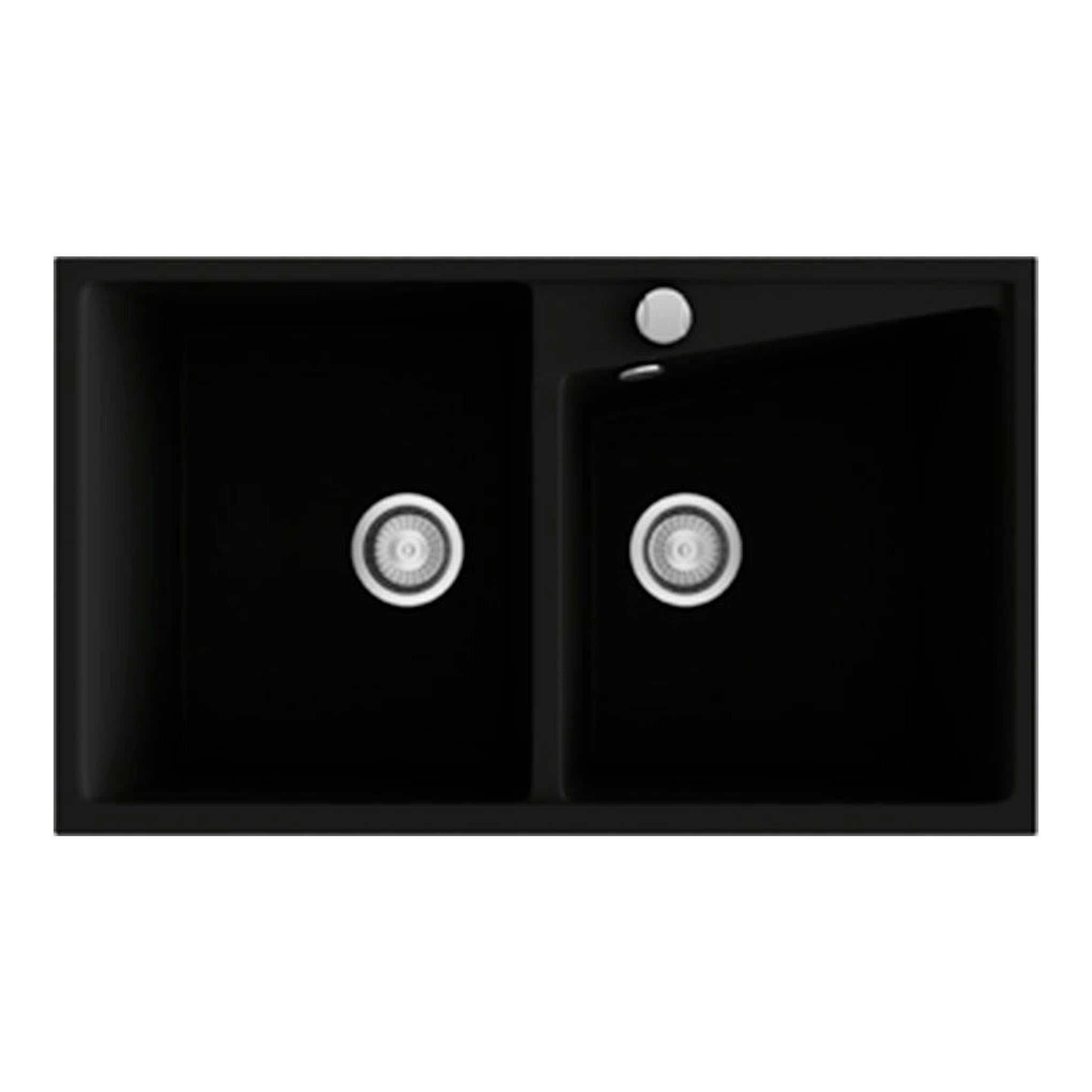 Fregadero Poalgi Kuma 86 2/S negro brillante, vista superior, doble seno asimétrico.