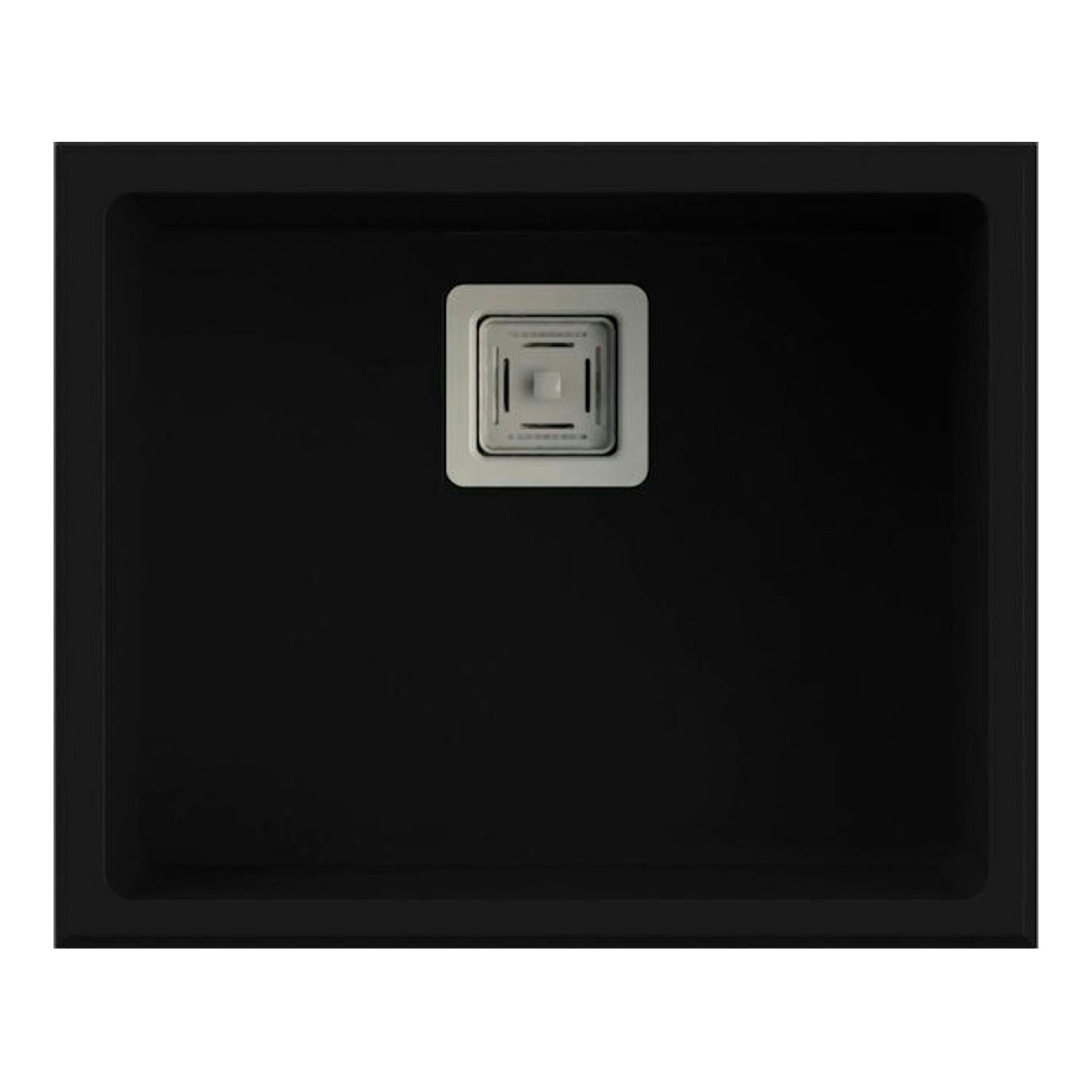 Fregadero Poalgi Zie 50 1/S negro brillo, vista superior, cubeta cuadrada con desagüe metálico centrado.