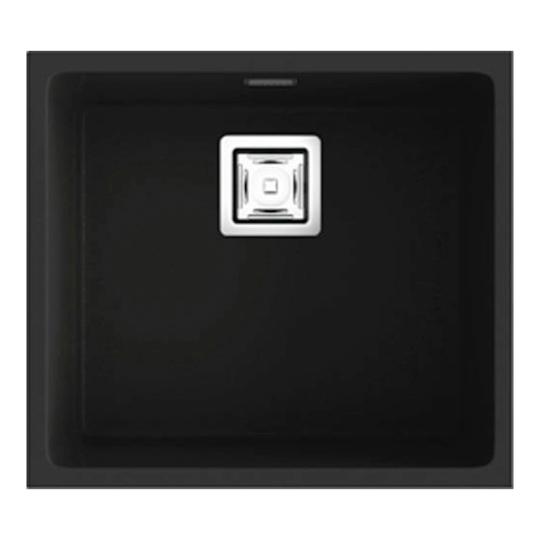 Fregadero Poalgi Zie 45 1/S negro brillante, vista frontal, con desagüe centrado.