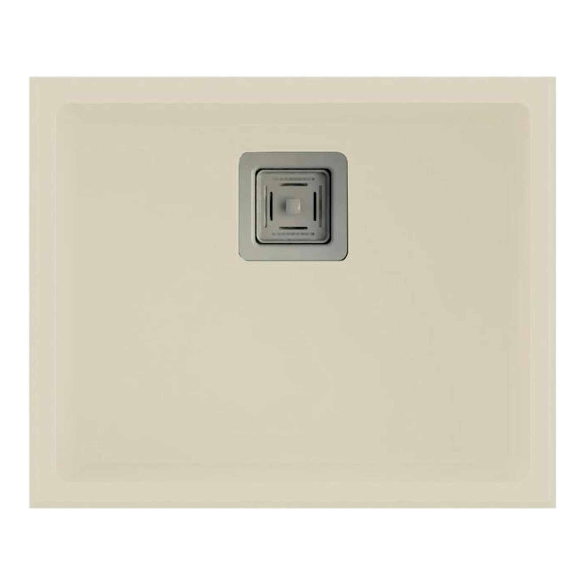 Fregadero Poalgi Zie 50 1/S Pergamon brillo, vista cenital, cuadrado beige con desagüe central metálico.