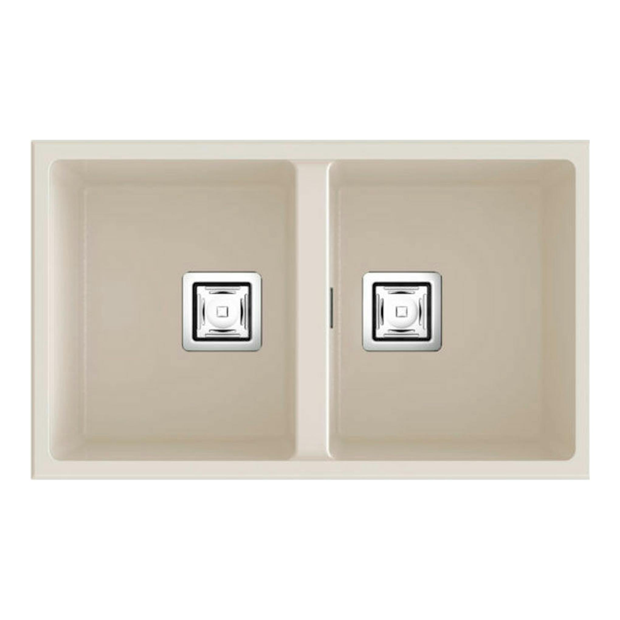 Fregadero Poalgi Zie 70 2/S pergamón brillo, vista superior, doble seno beige con dos desagües.
