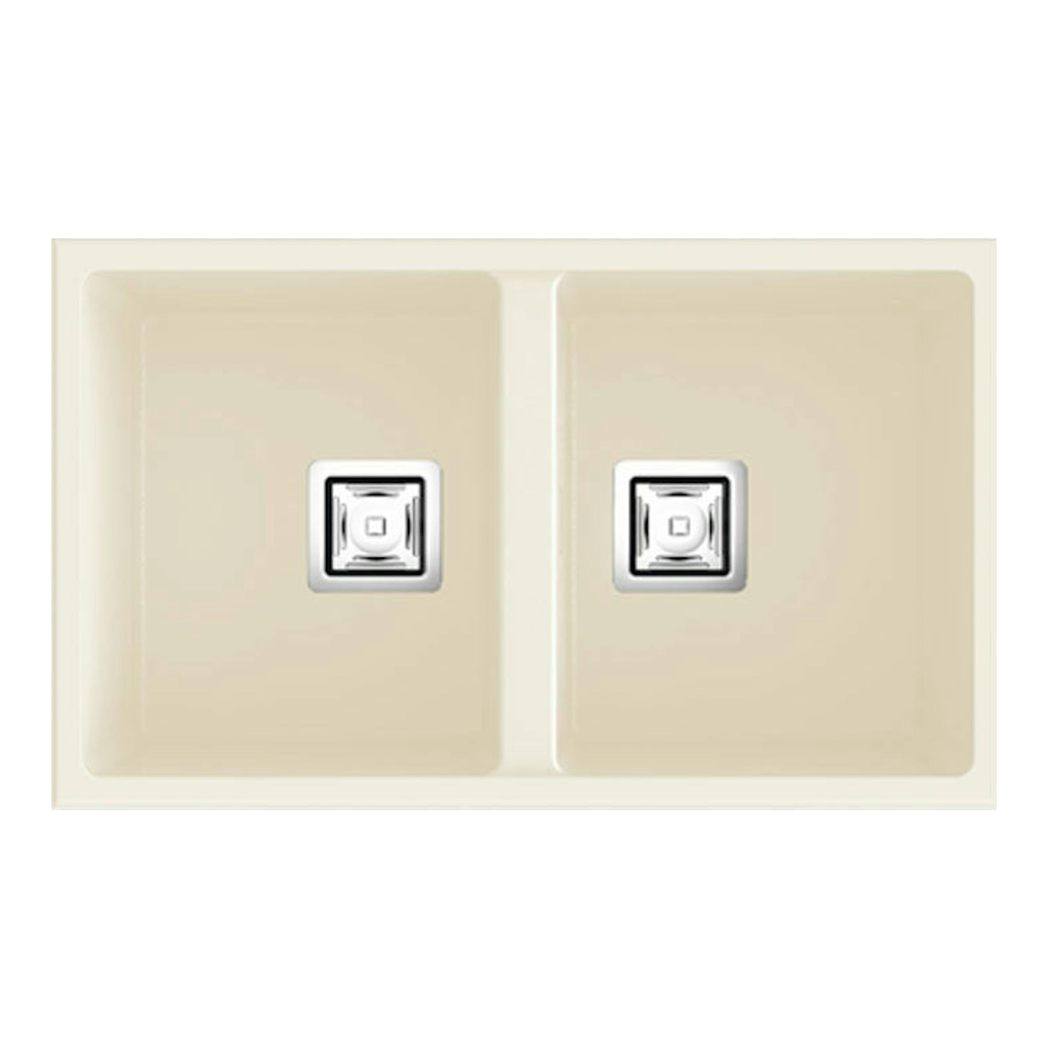 Fregadero Poalgi Zie 70 2/S Pergamon mate, vista superior, doble seno beige con dos desagües.