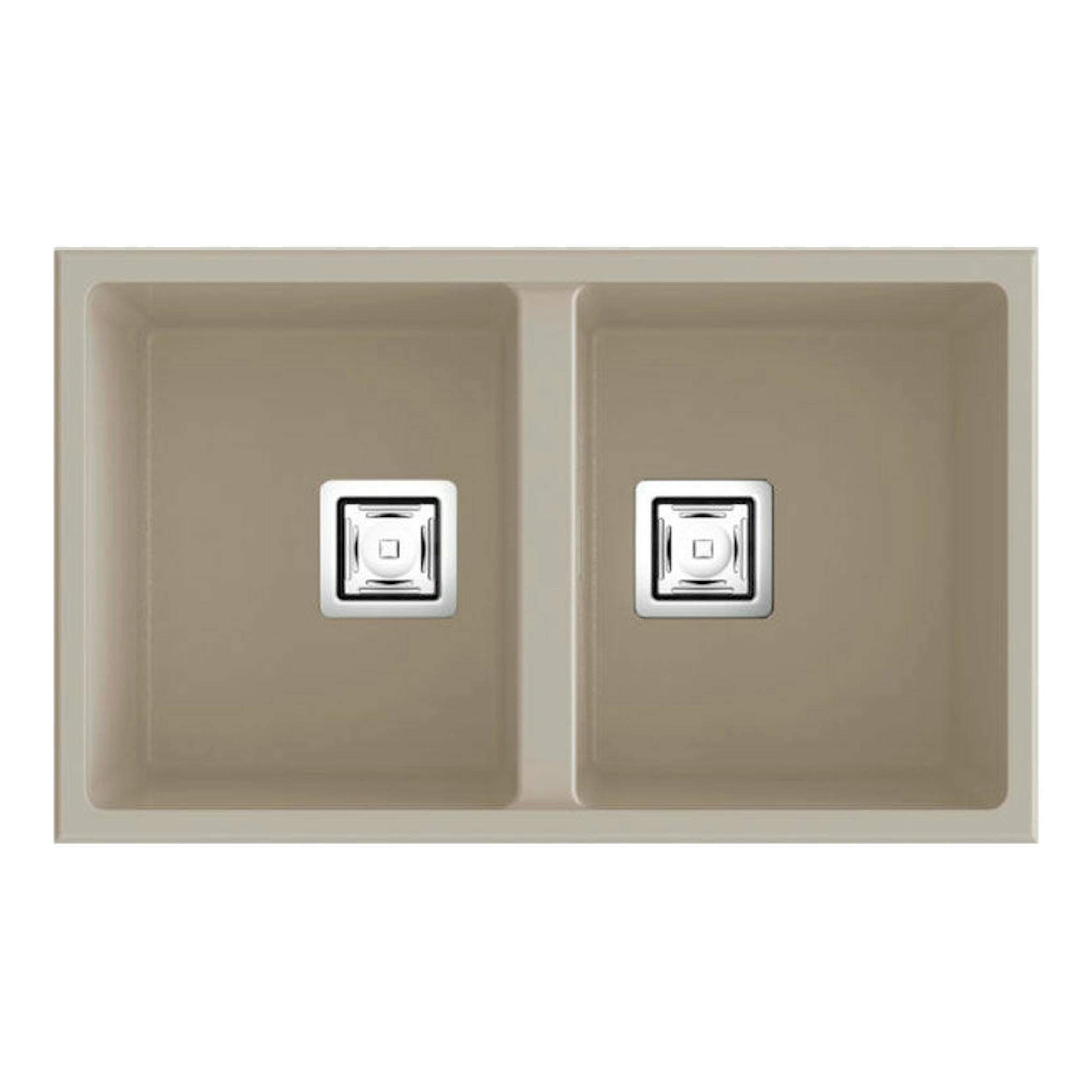 Fregadero Poalgi Zie 70 2/S beige, vista superior, doble cubeta con dos desagües.