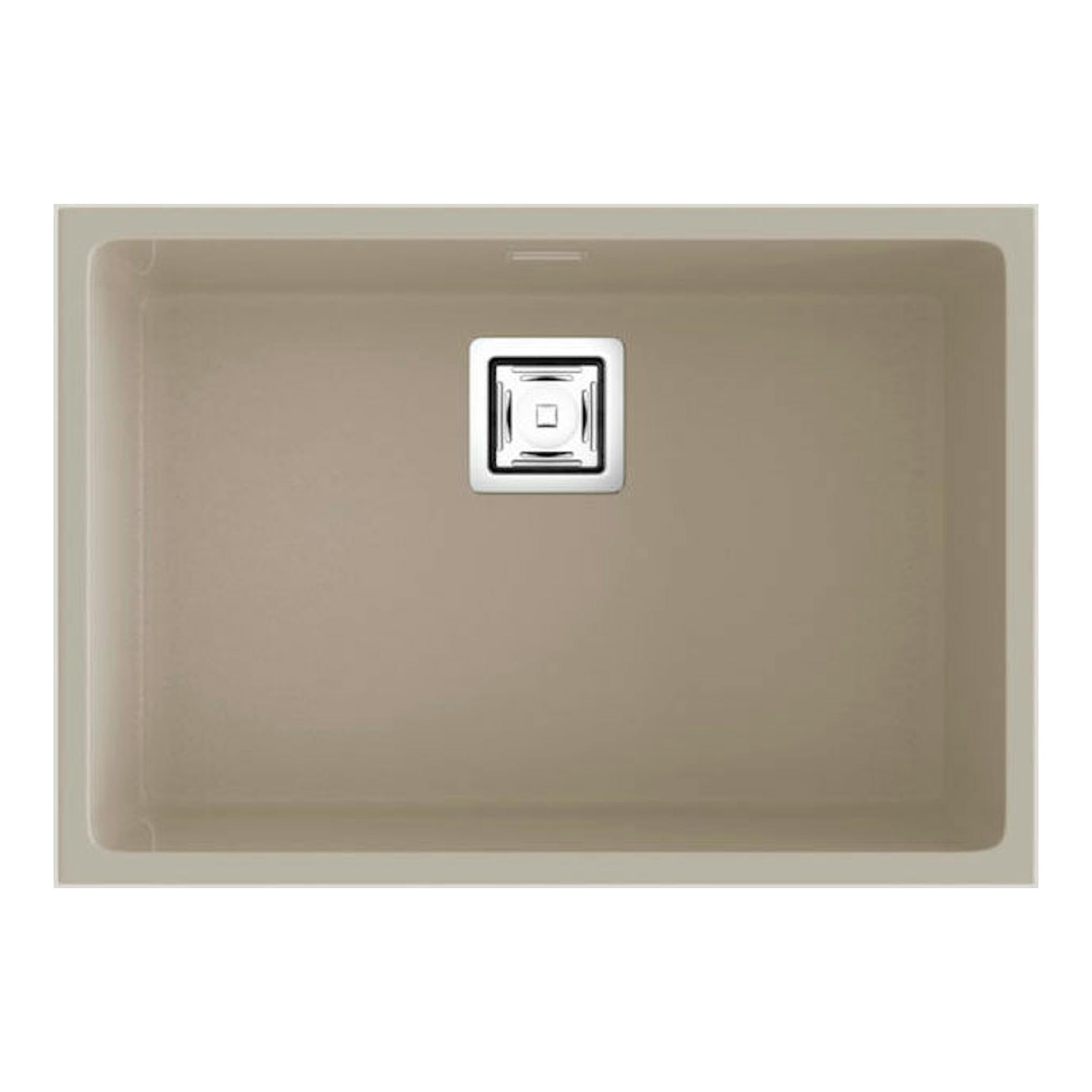 Fregadero Poalgi Zie 60 1/S beige pumice, vista superior de seno rectangular con desagüe cuadrado central.