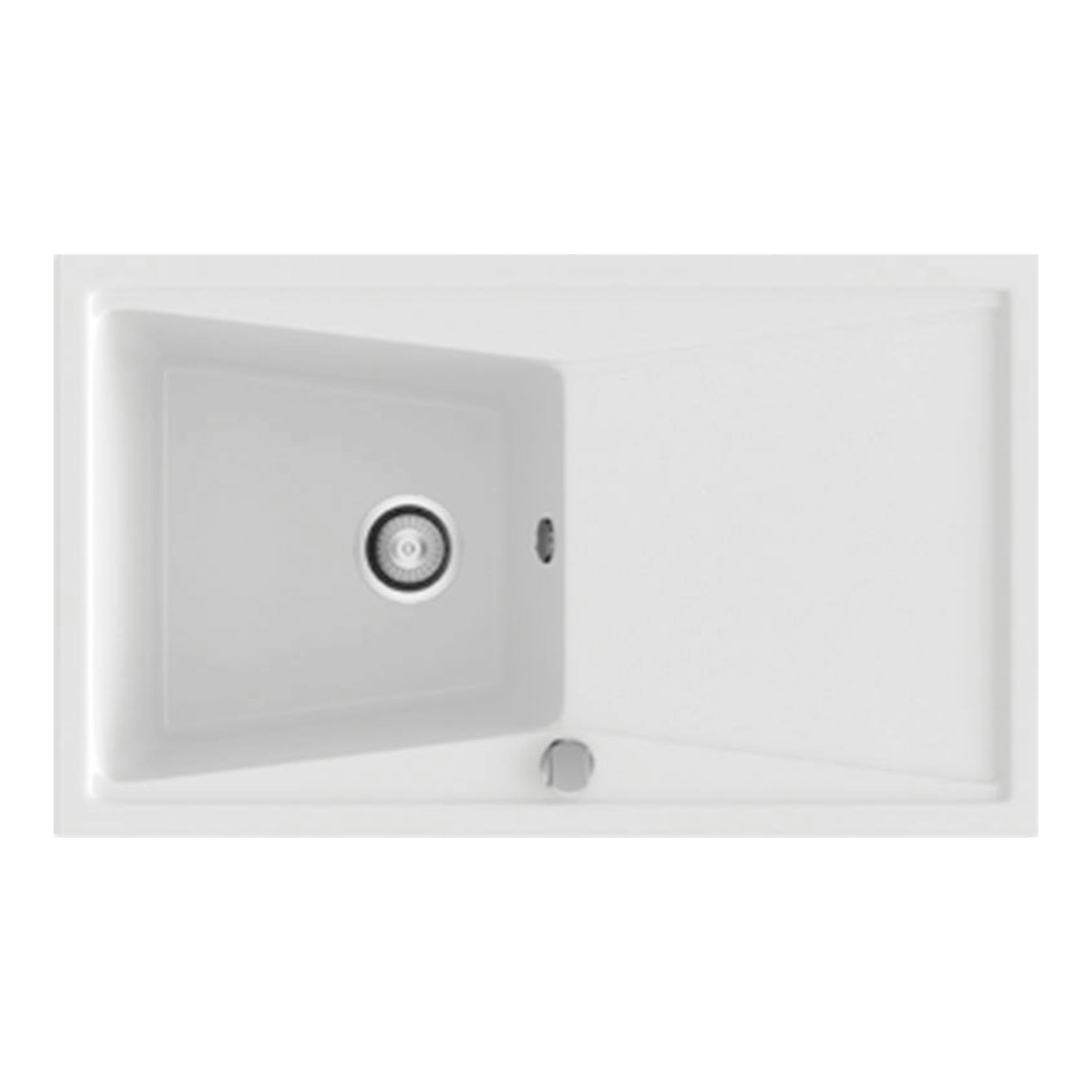 Fregadero Poalgi Kuma 86 1/S+E blanco brillo, vista superior, cubeta a la izquierda y escurridor a la derecha.